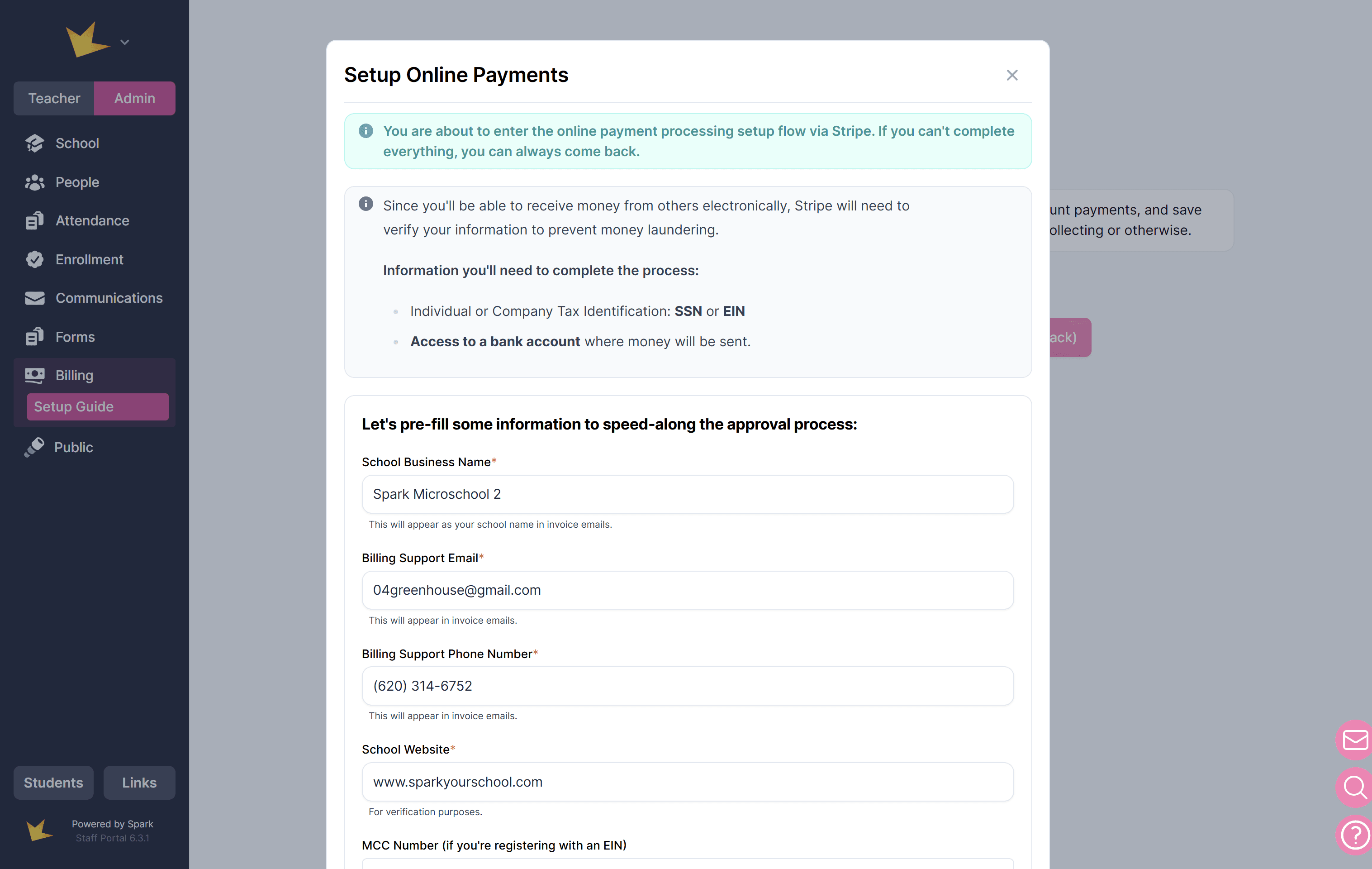 Setup Online Payments modal