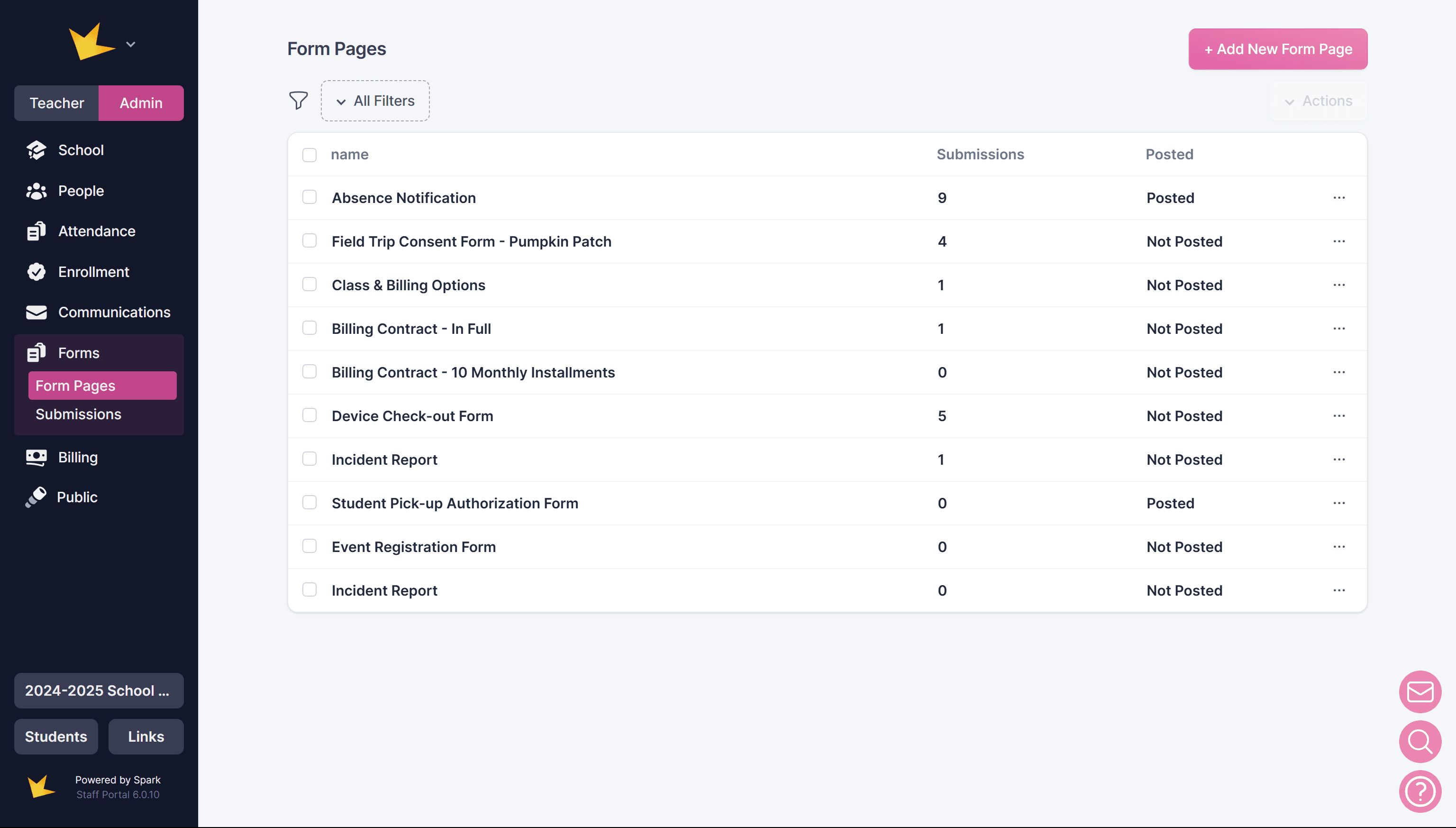 Form Pages list