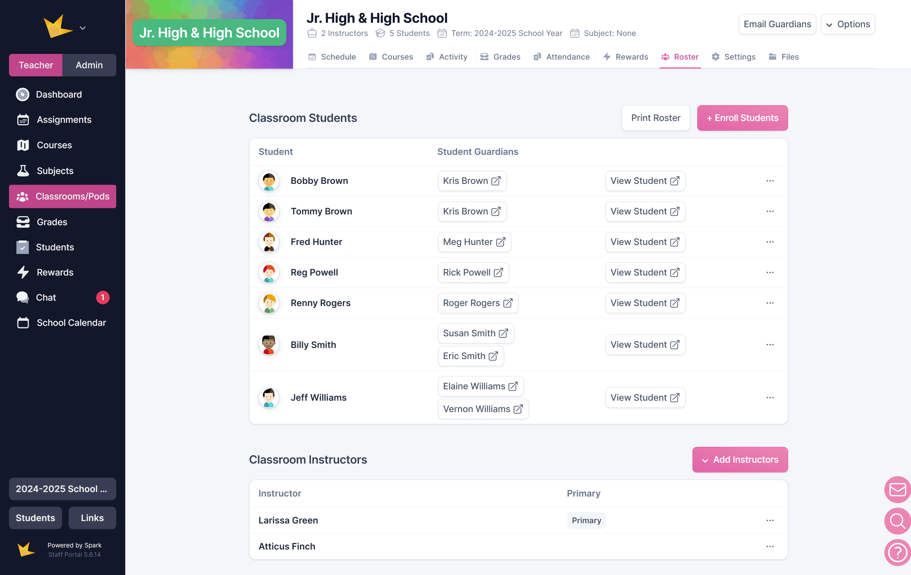 Classroom/Pod Roster page