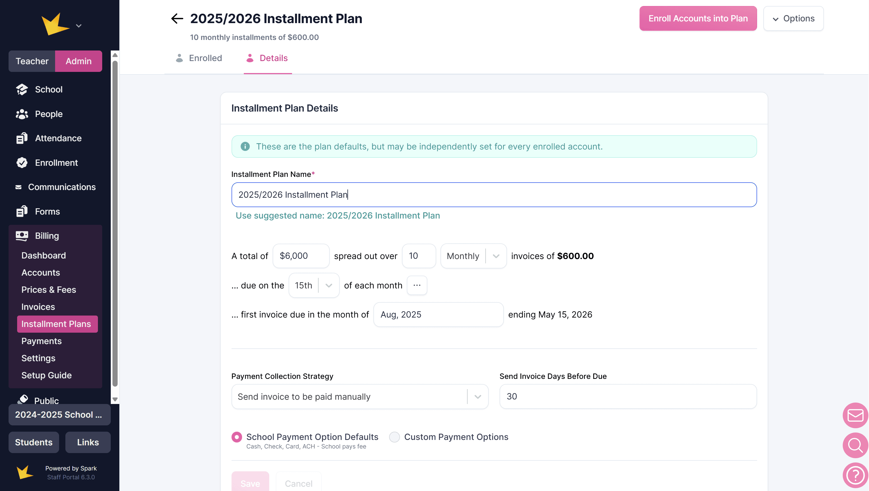 Billing installment plan details