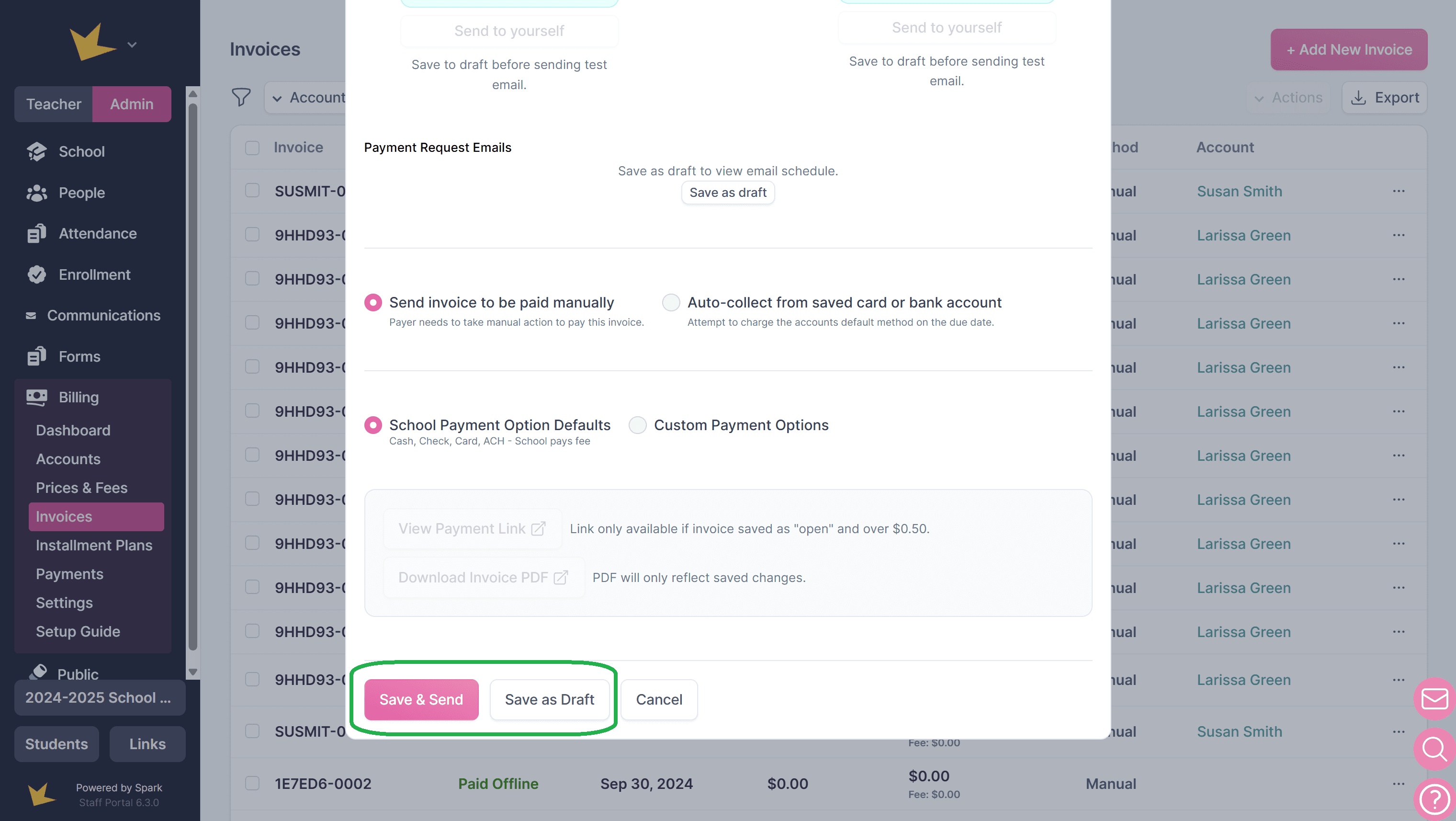 Invoice Save & Send or Save as a Draft