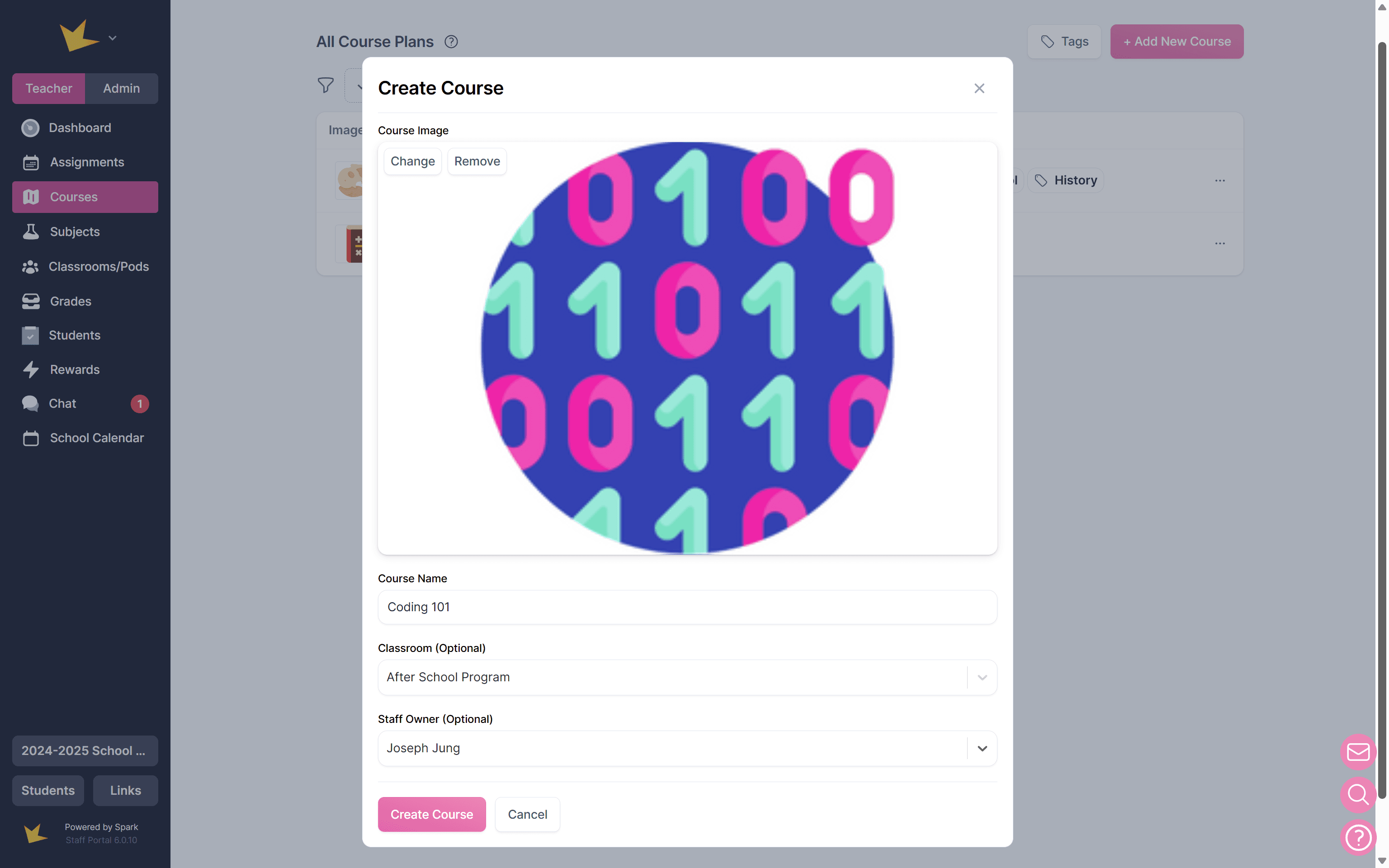 Create New Course modal