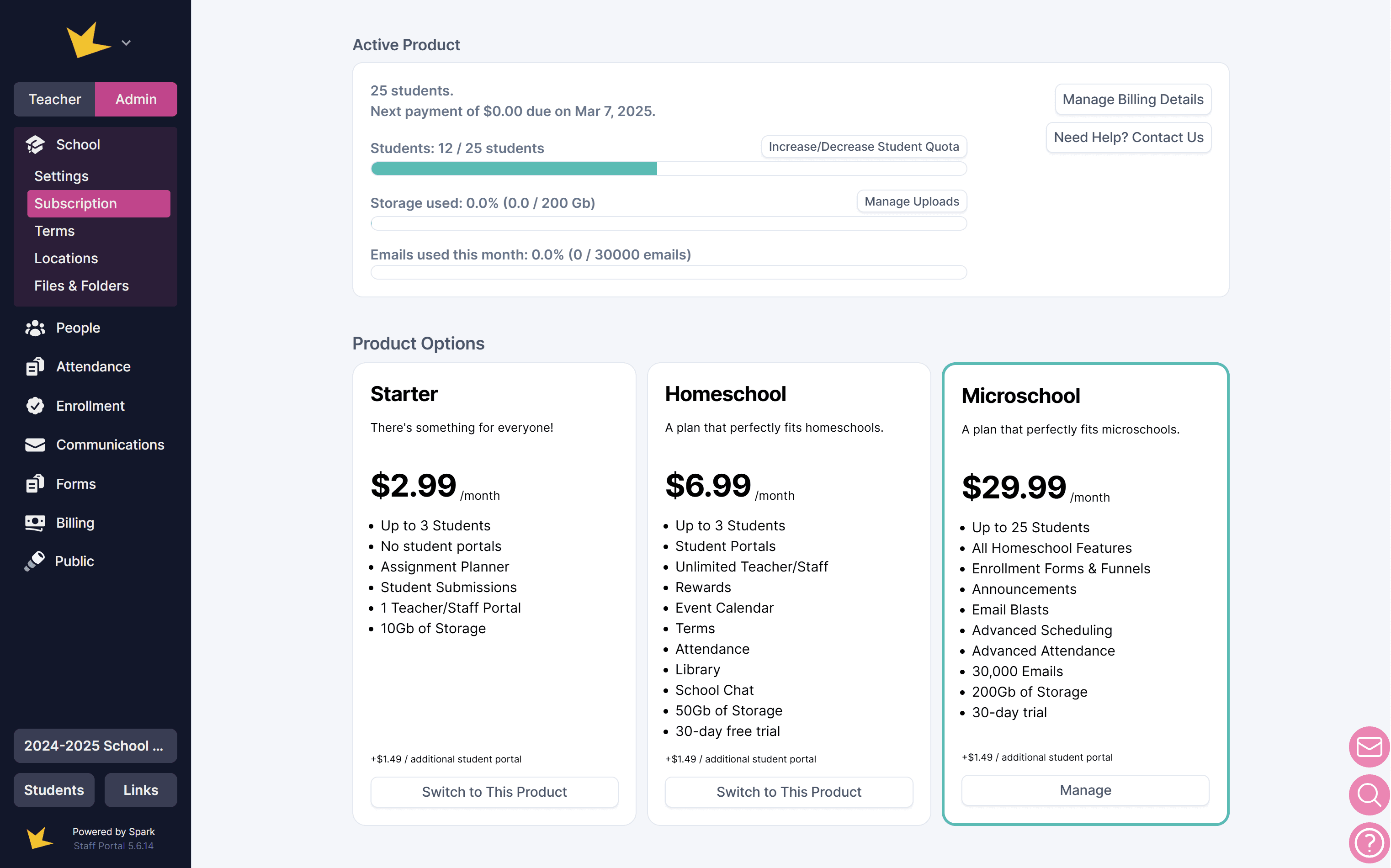 School Subscription page