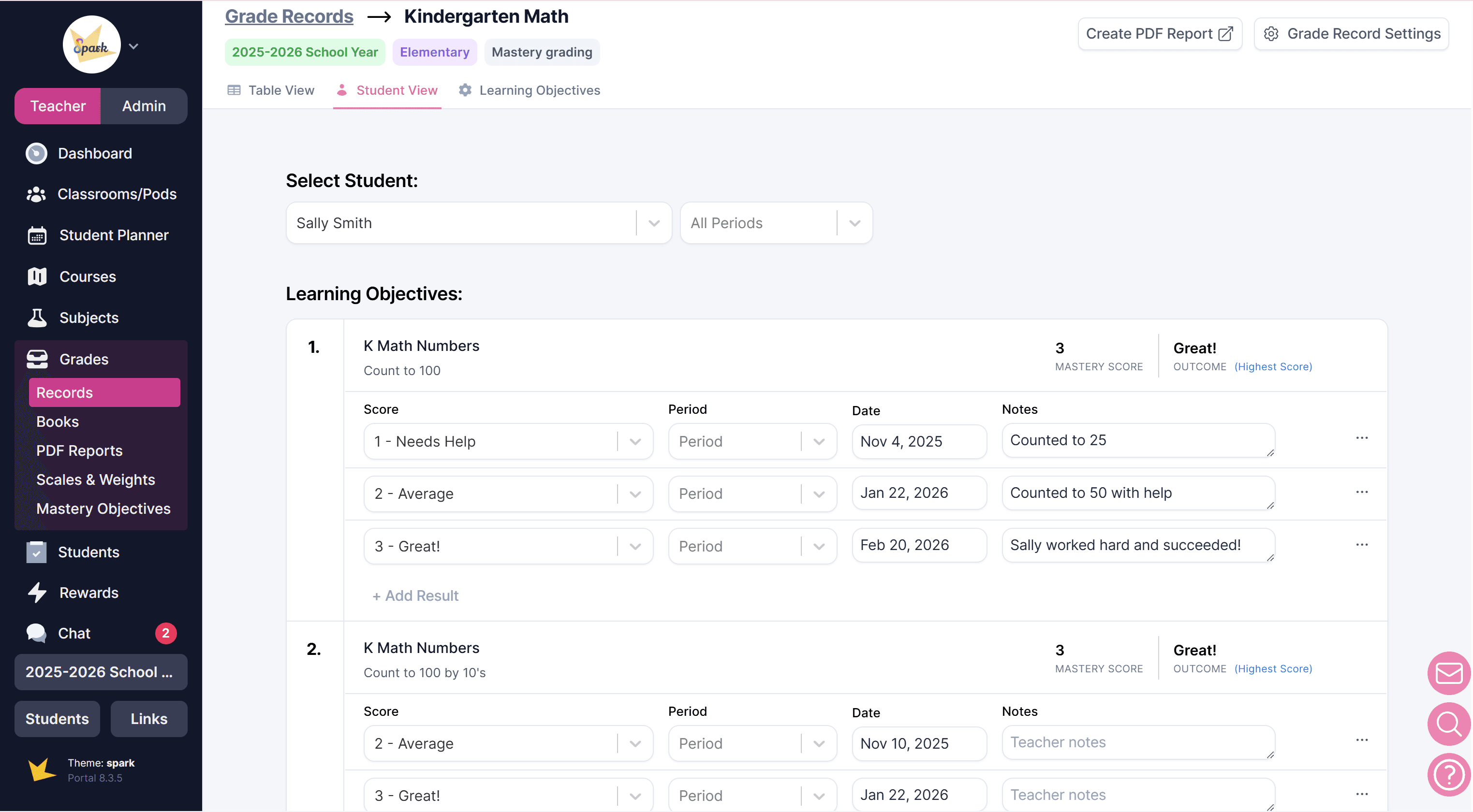 Mastery record student view