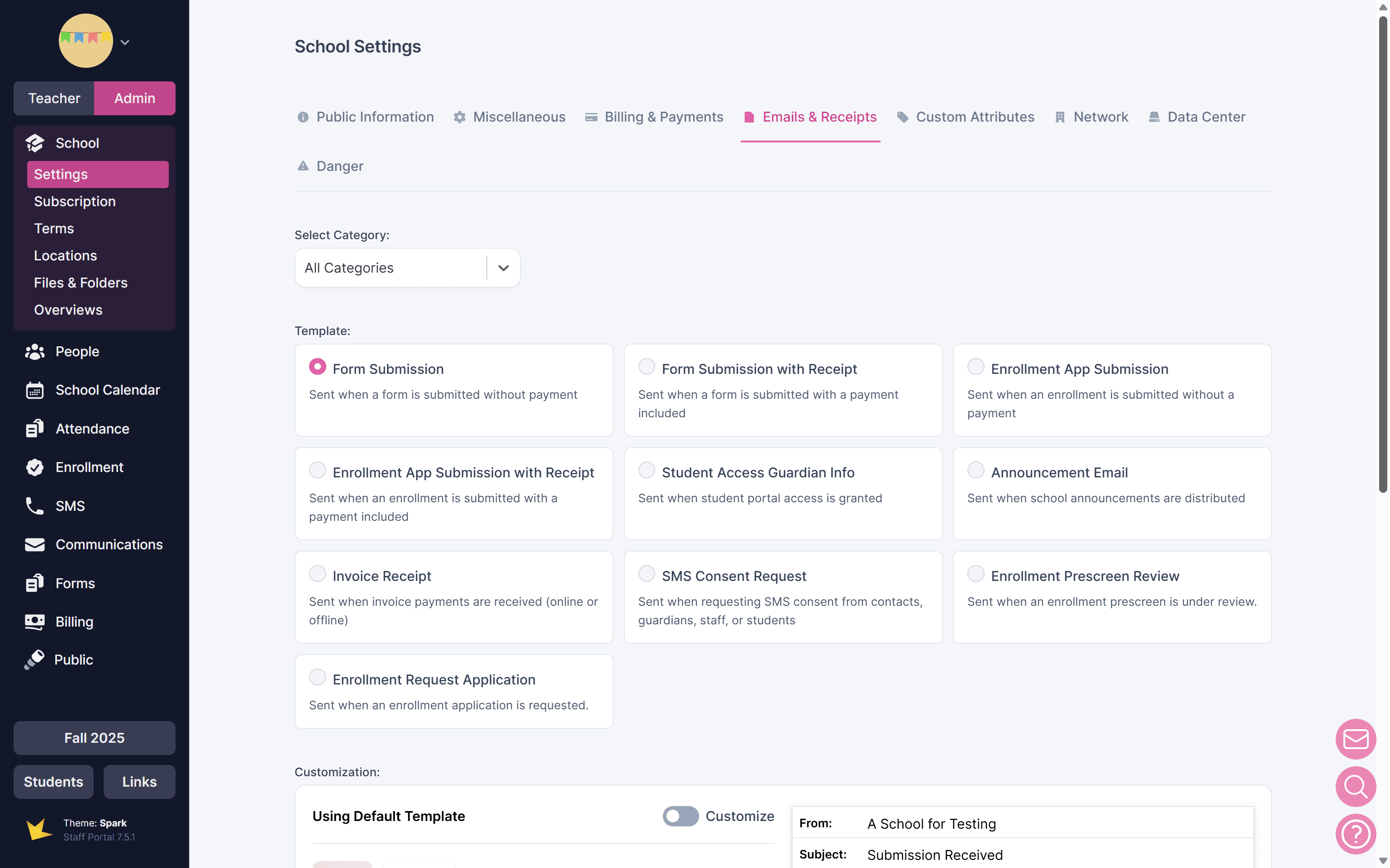 School settings: emails and reciepts