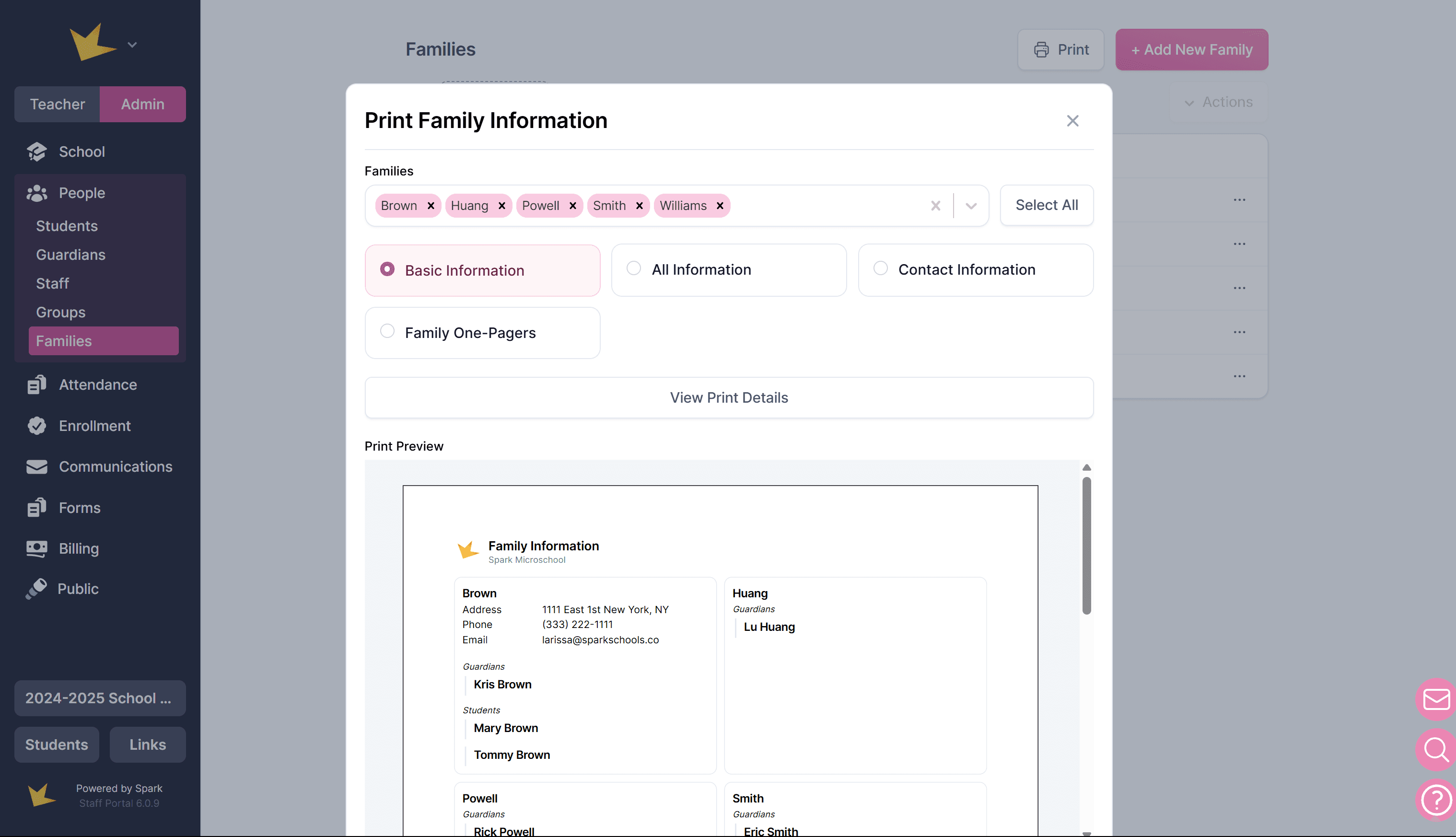 Printing family information