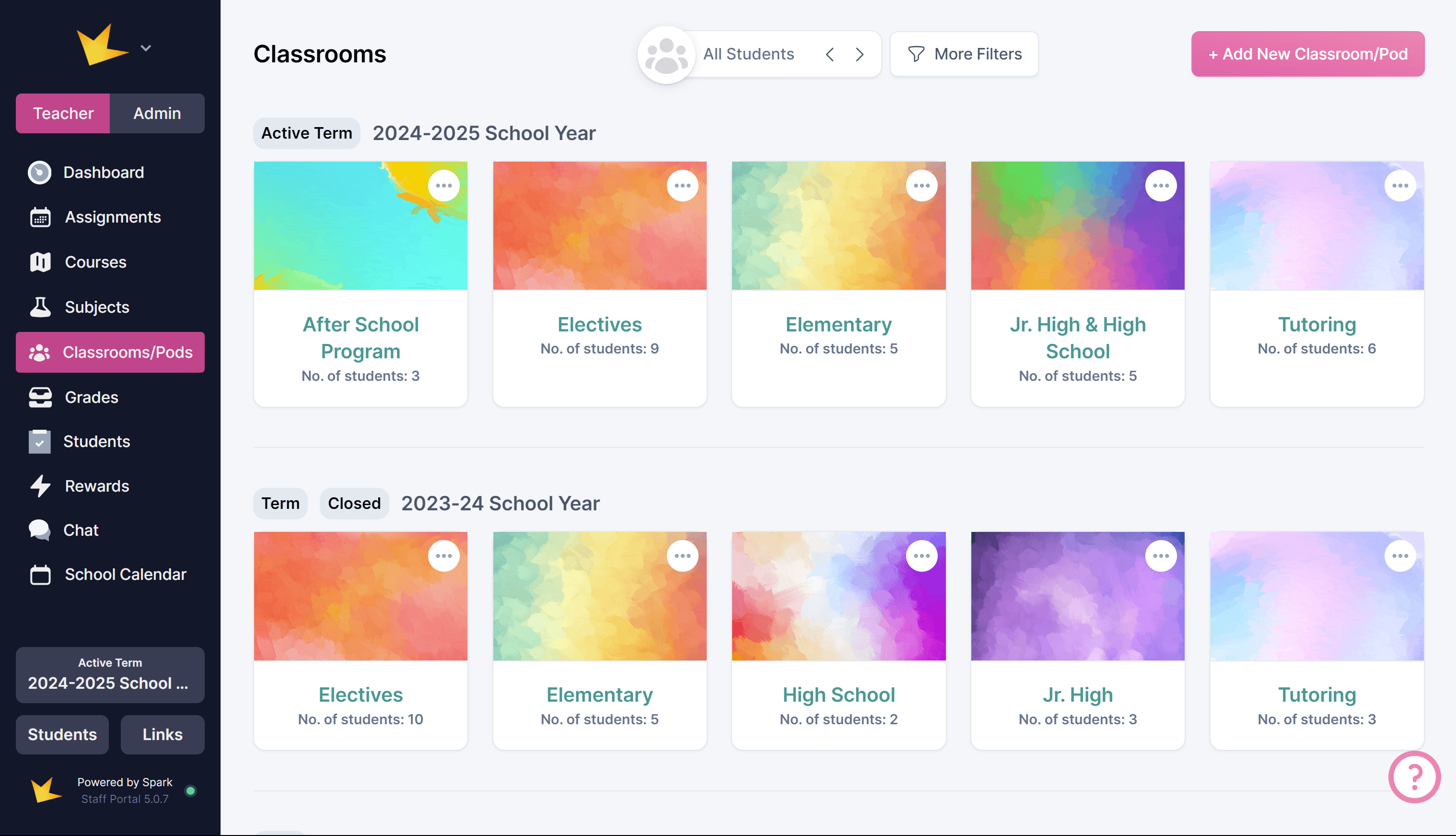 Classrooms/Pods main page