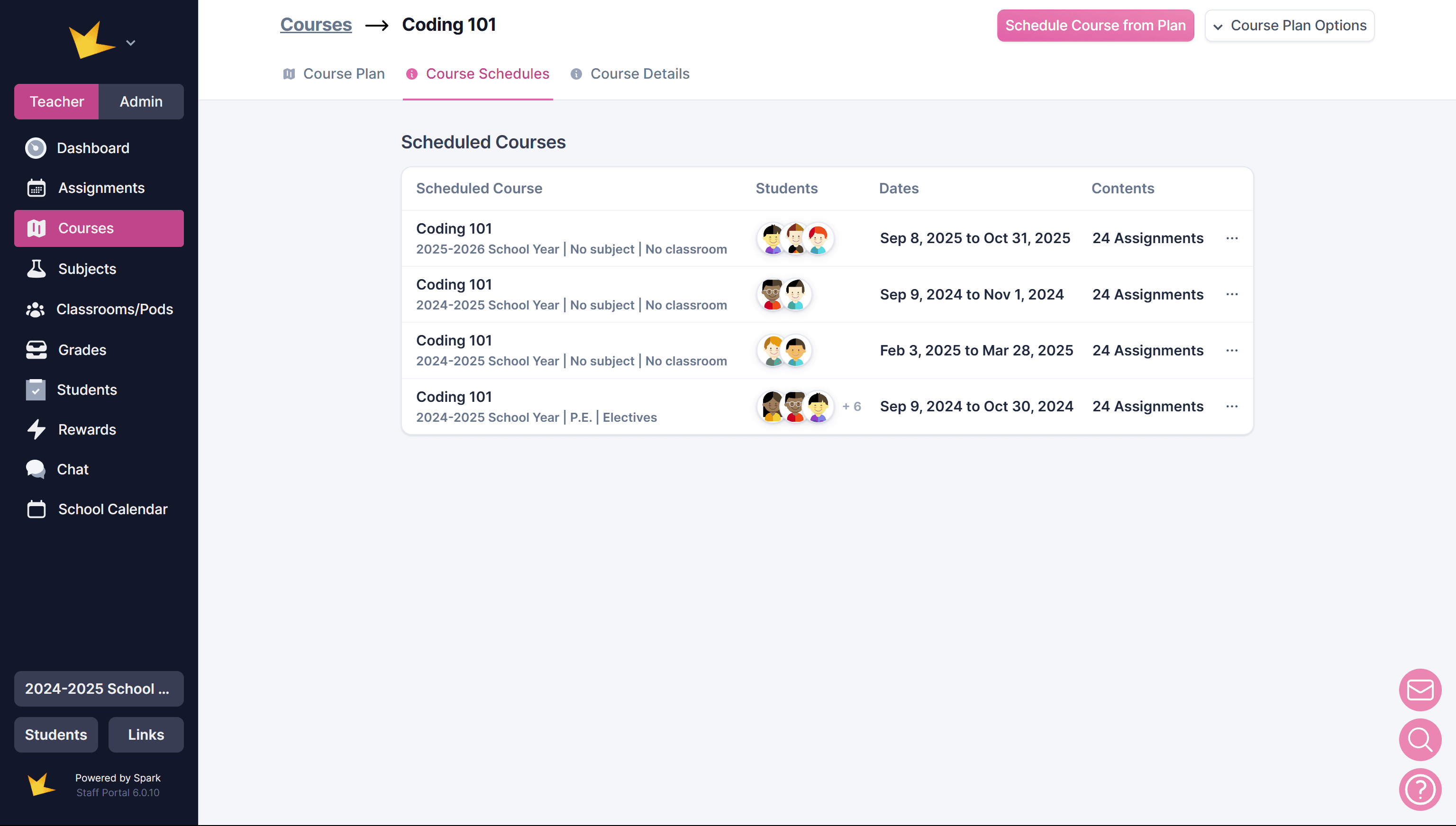 Scheduled courses tab