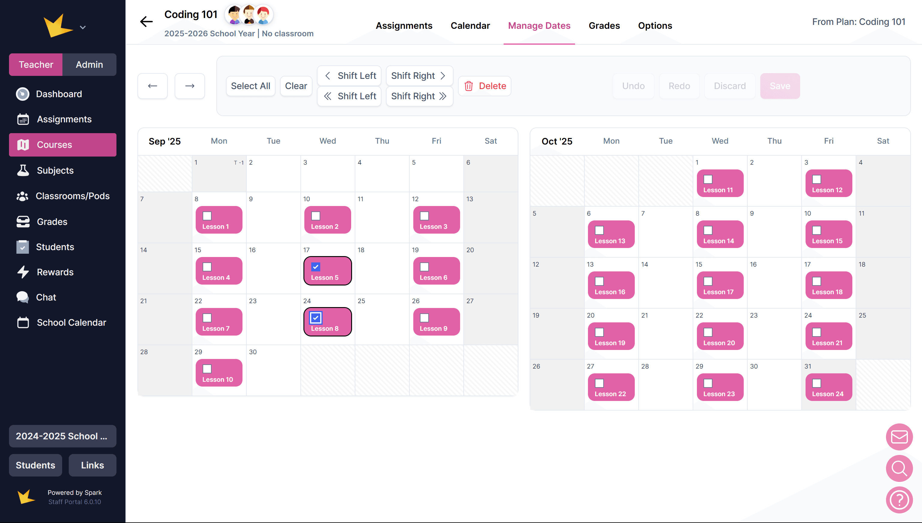 Course Manage Dates tab