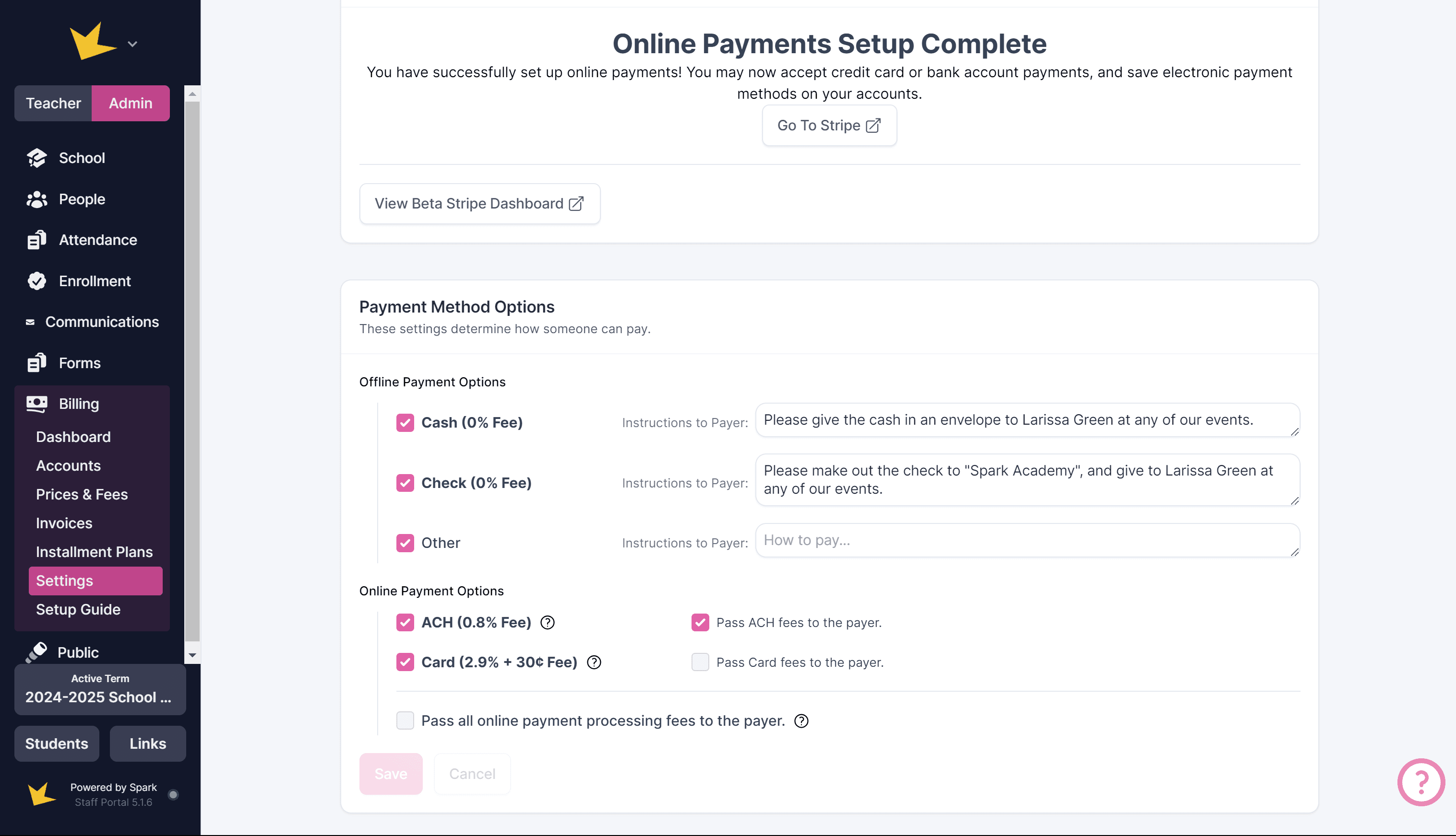 Online payment settings