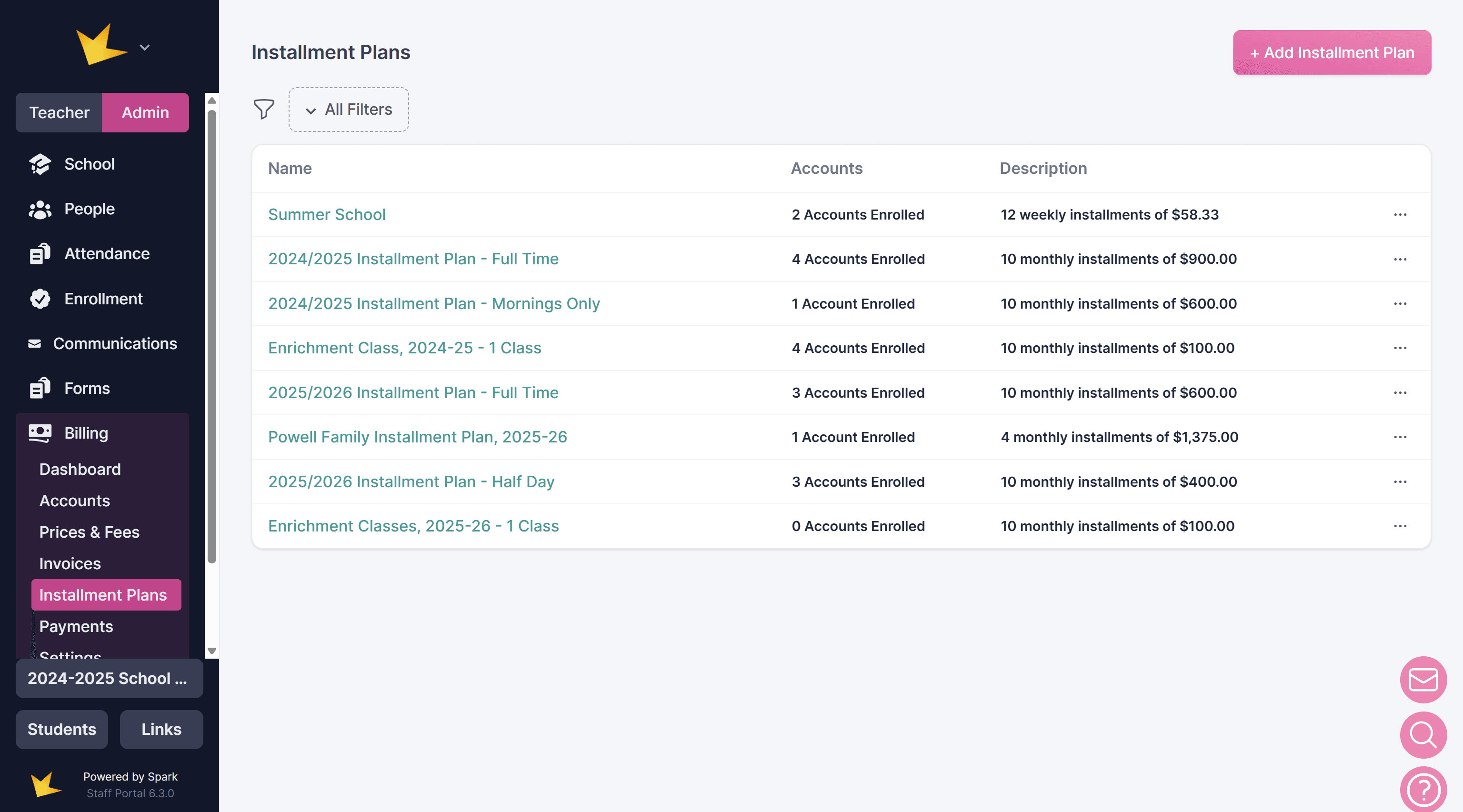 Billing installment plan list