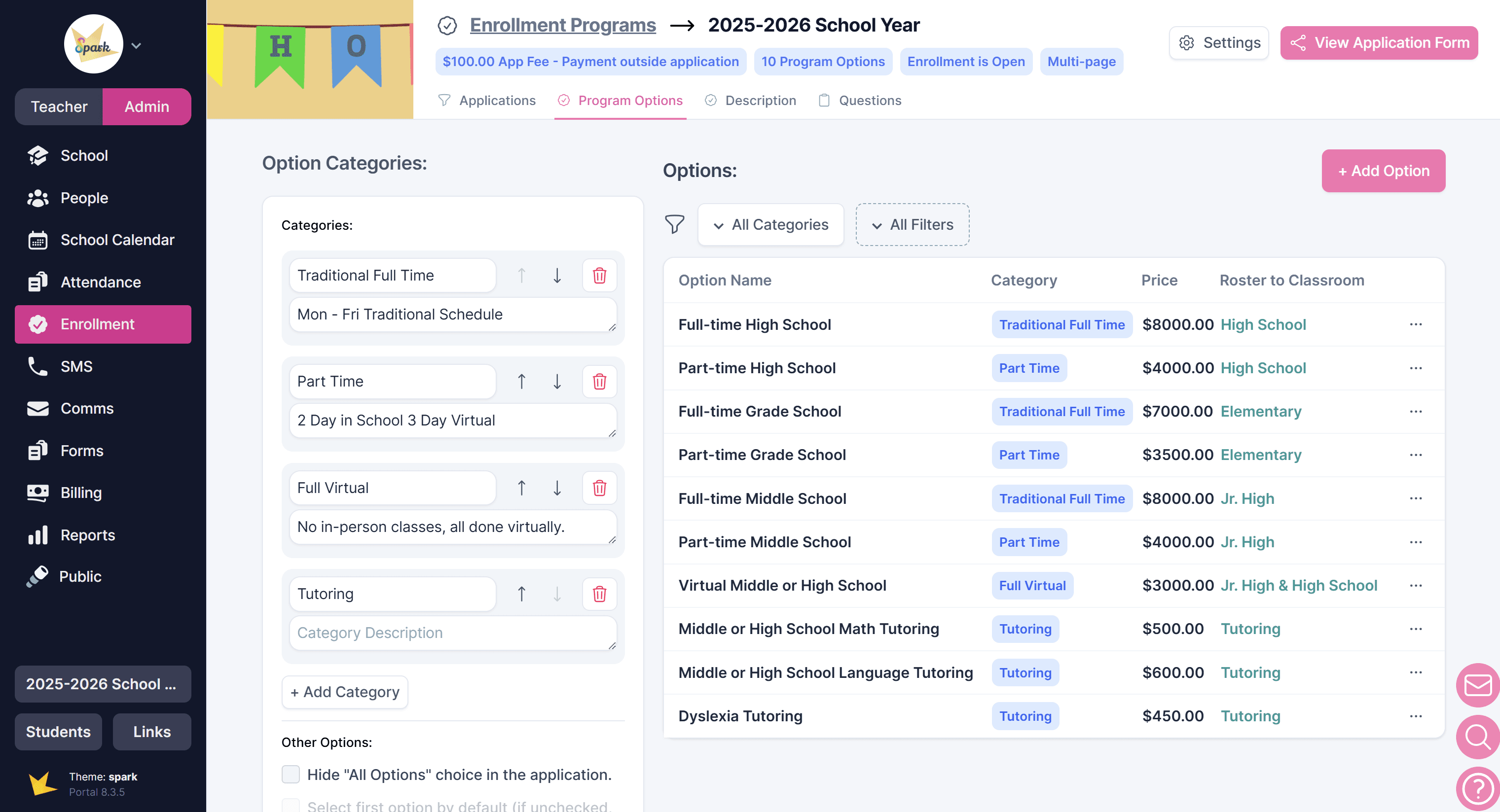 Program options and categories