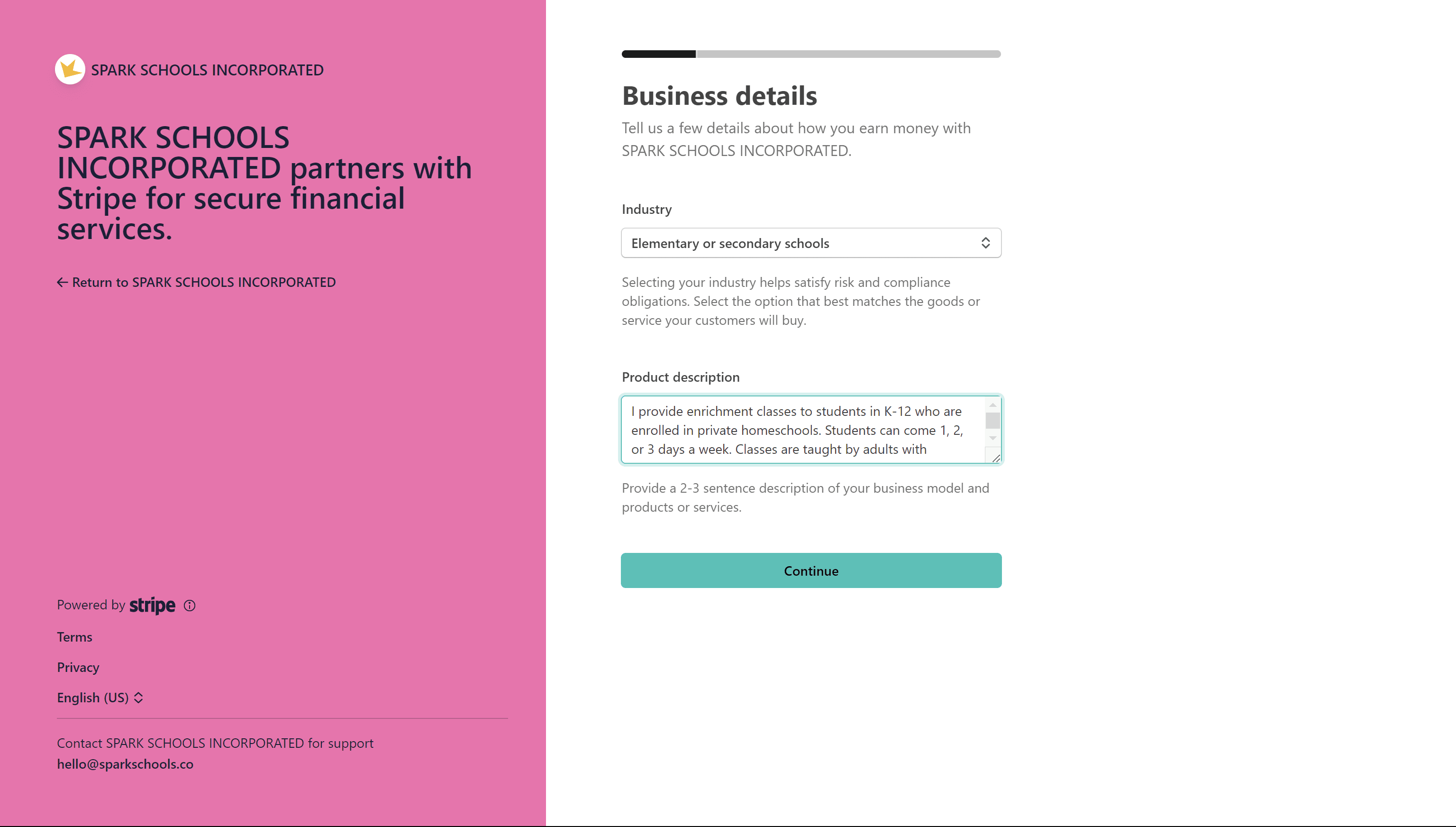 Stripe setup business details