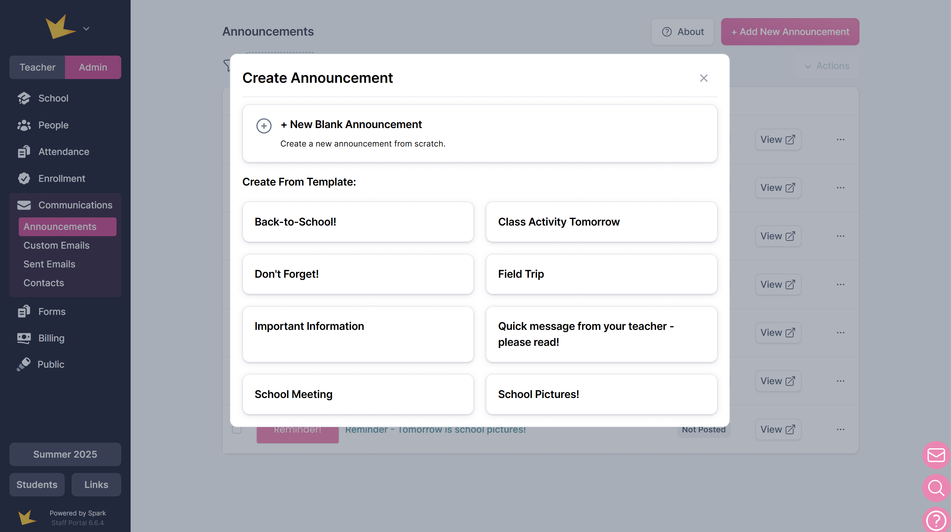 Creating a new announcement