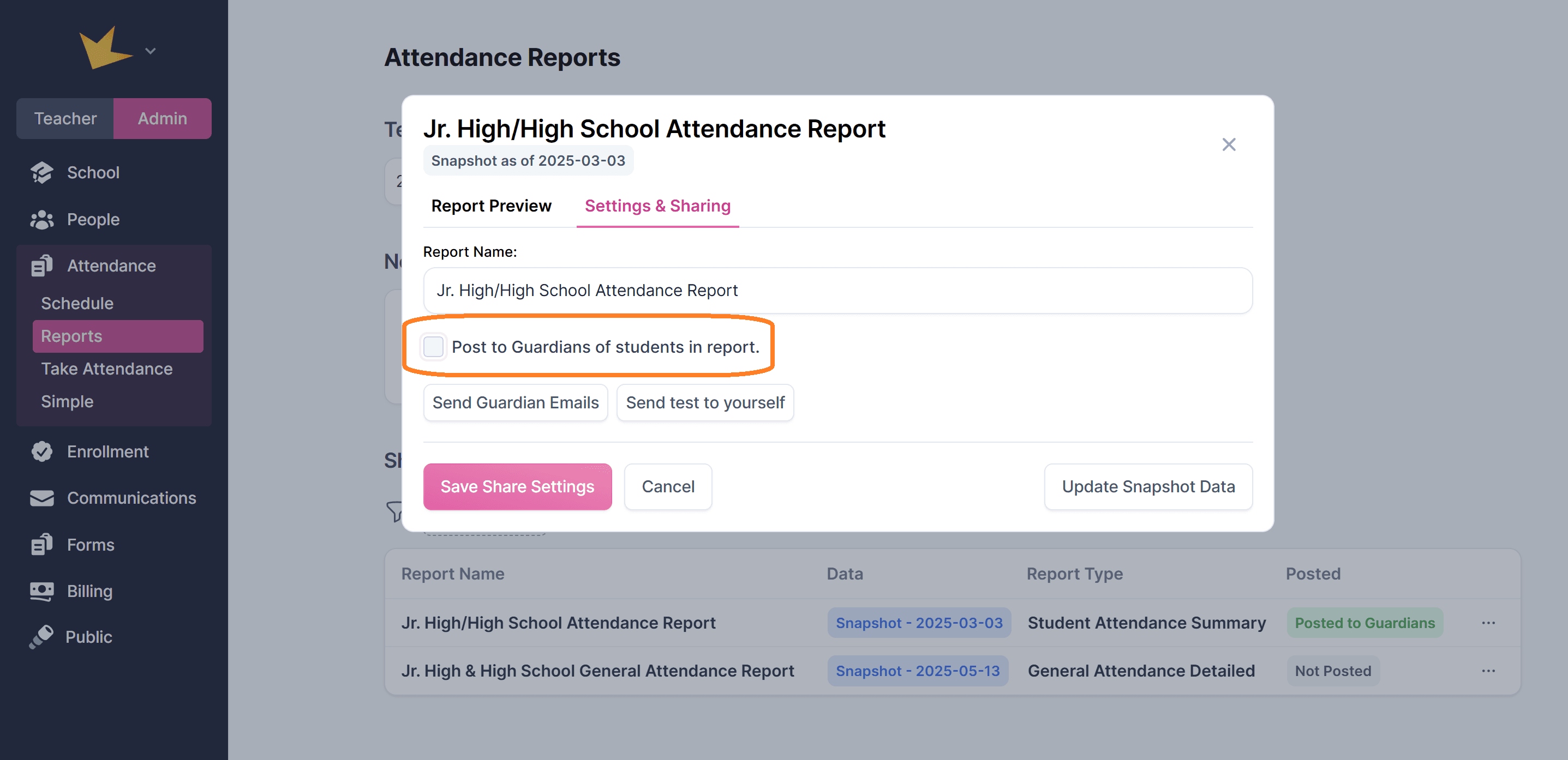 Removing a report from Guardian Portals