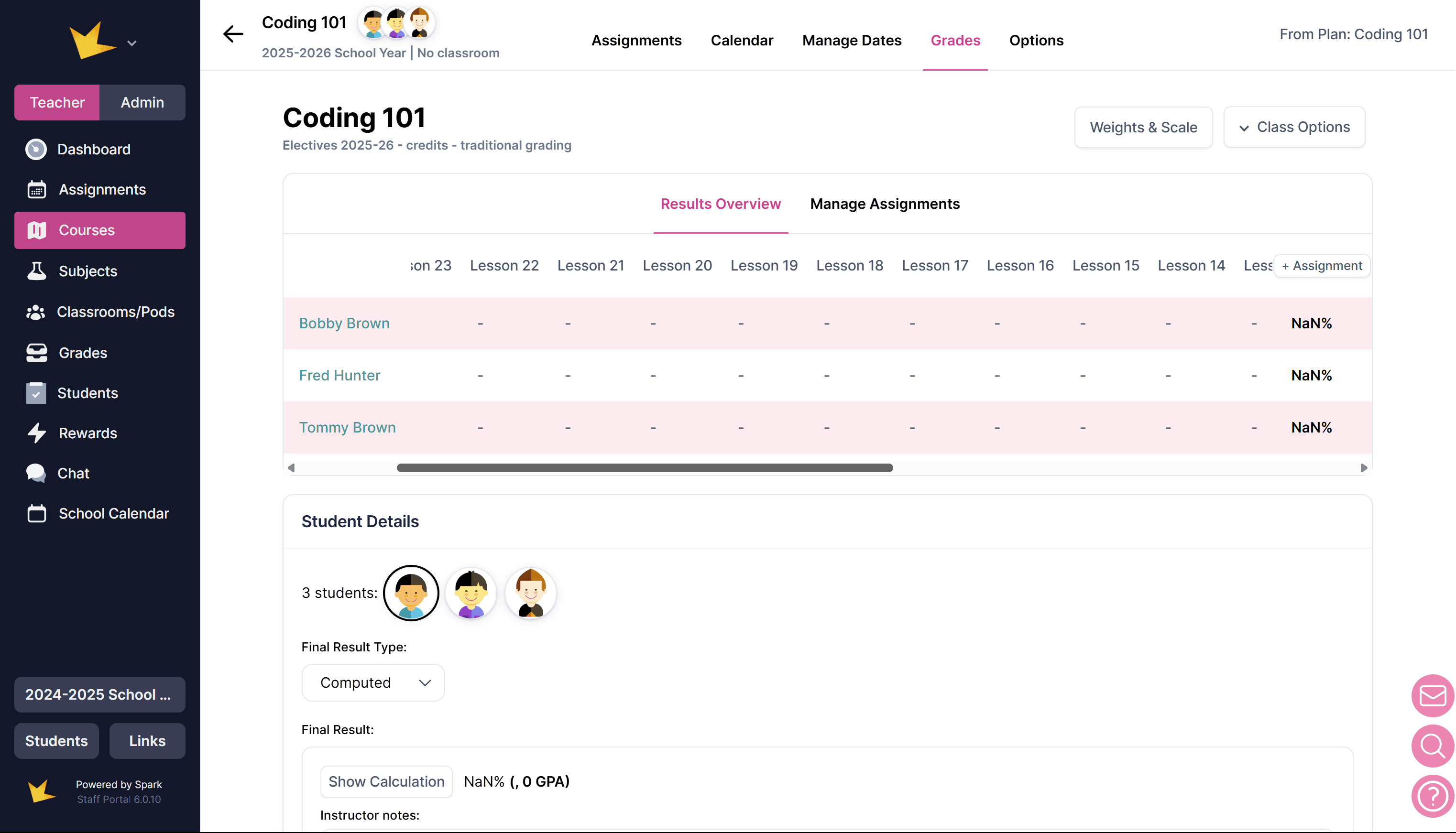 Course Grades tab