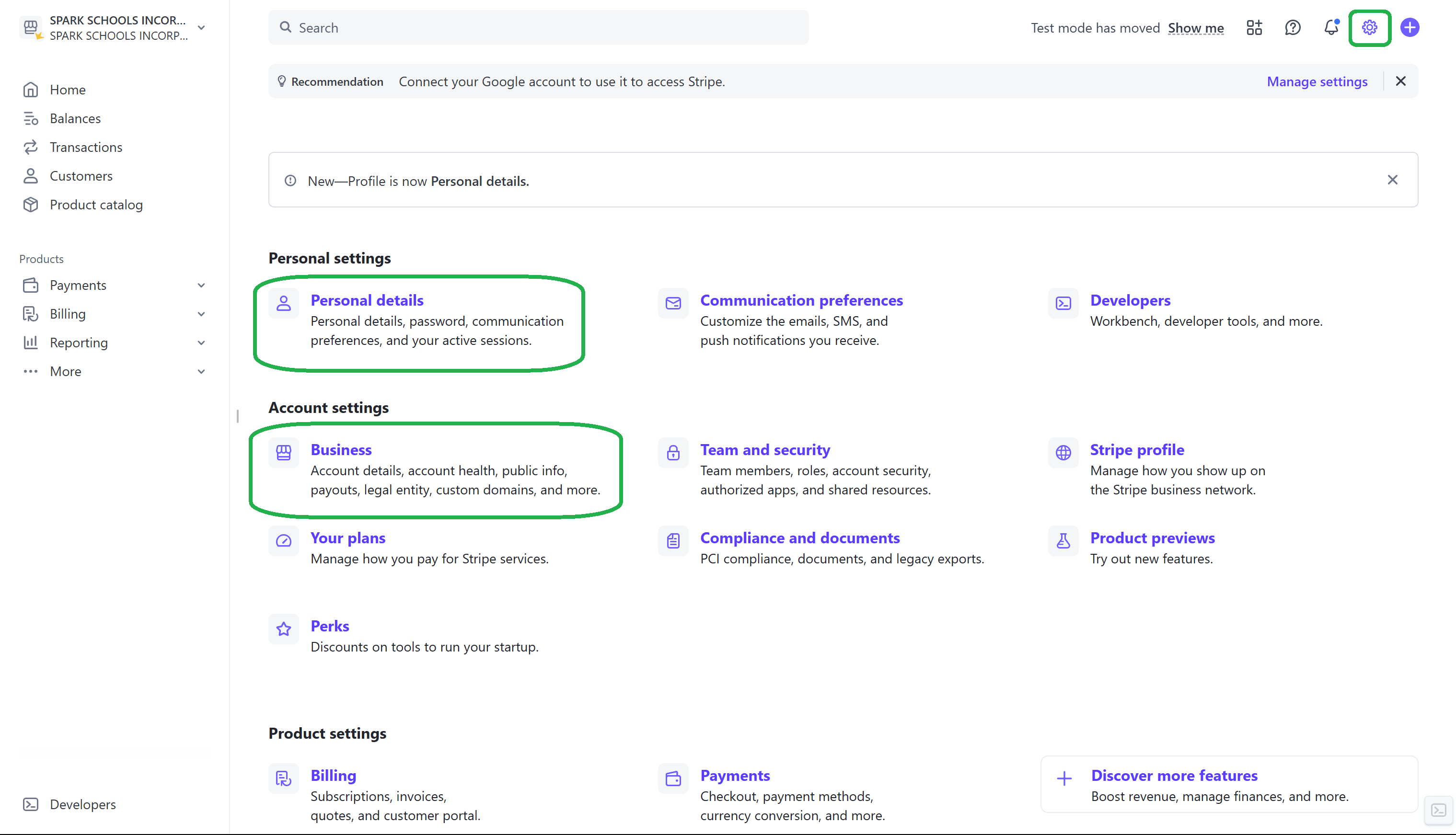 Stripe settings: personal details and business