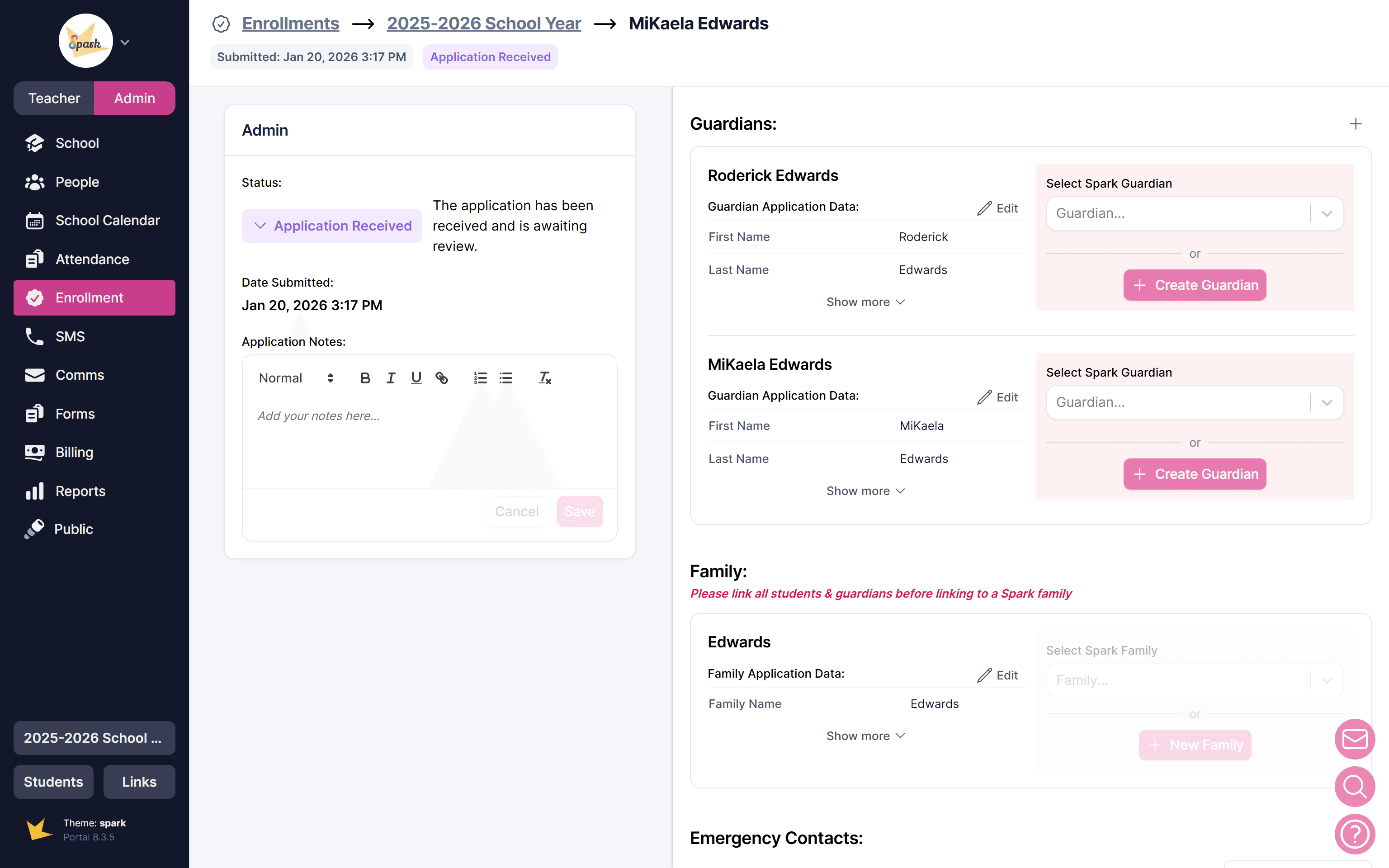 Creating guardians and family from the application