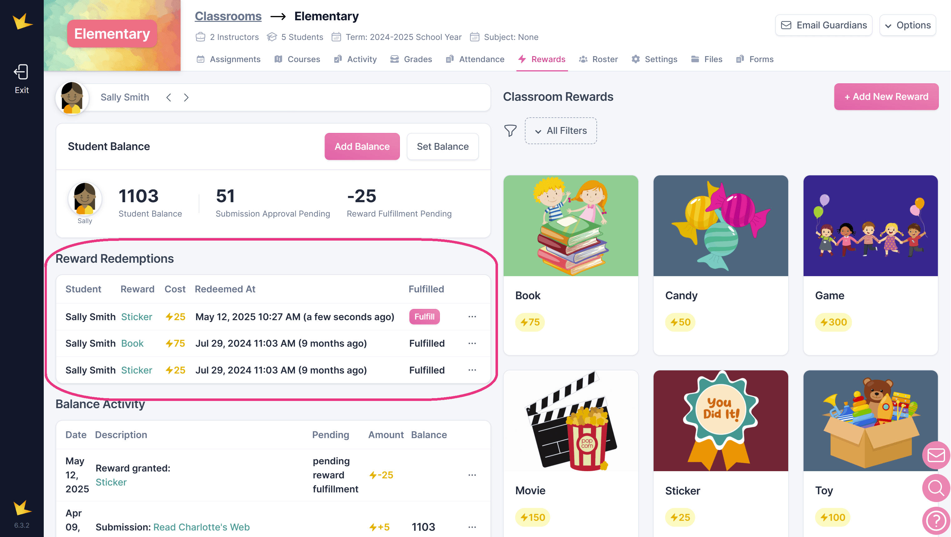 Reward redemptions in a classroom
