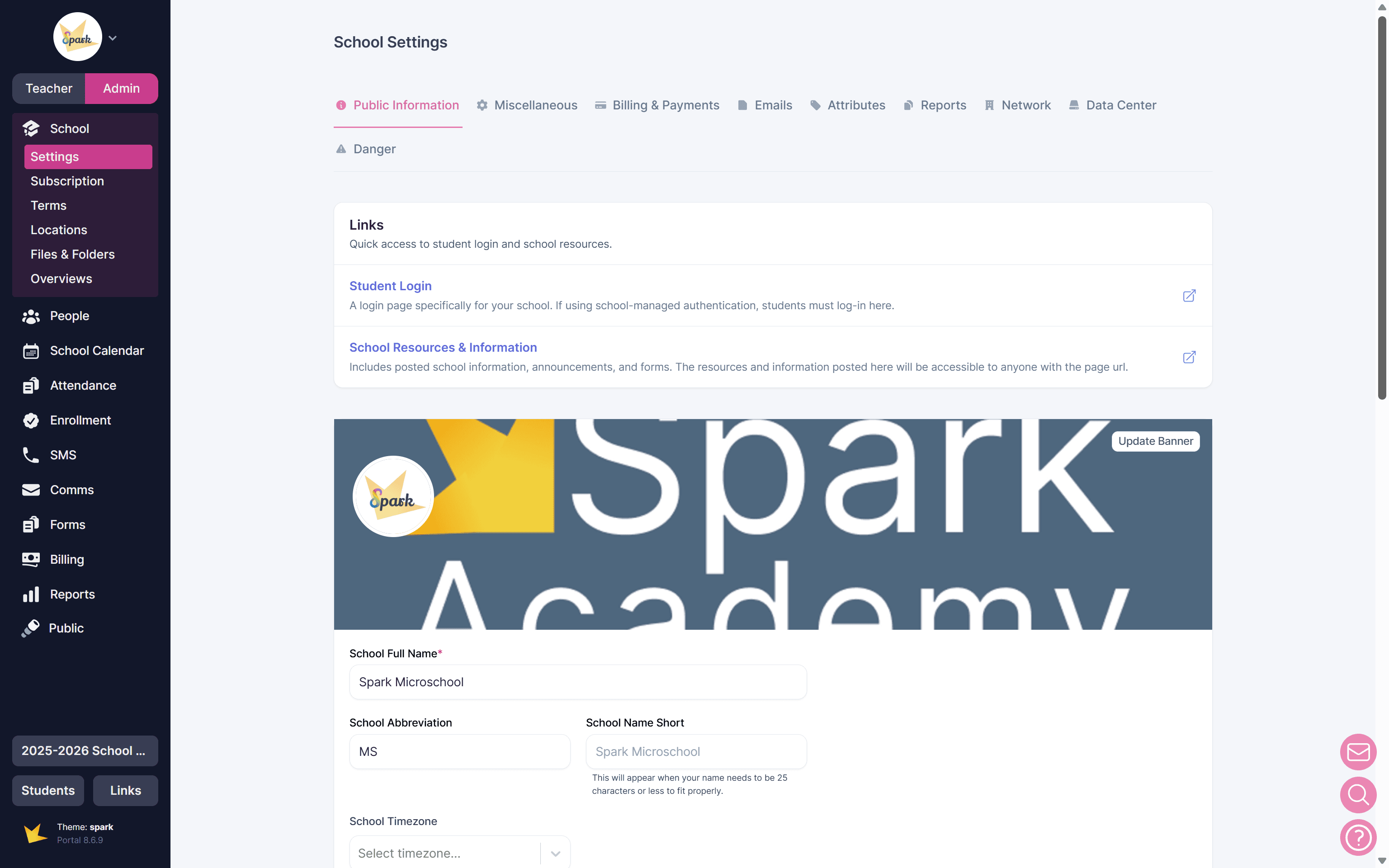 Spark School Settings Public Information page