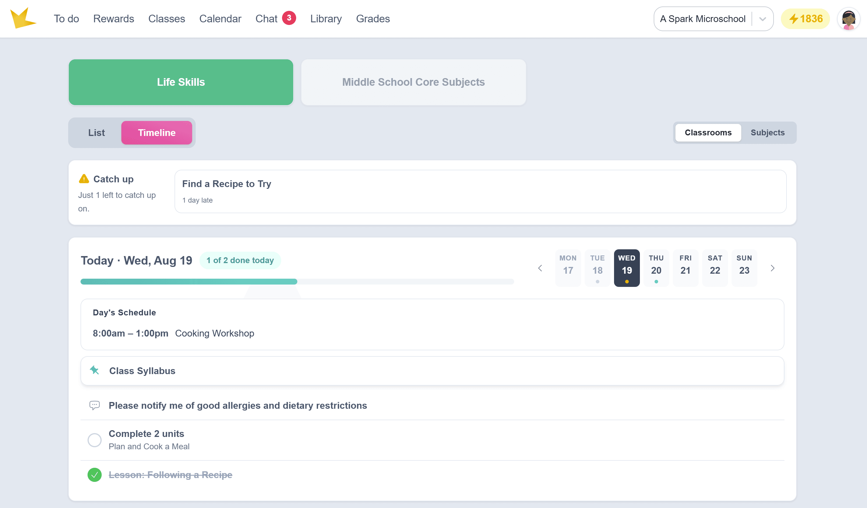 Student portal timeline view