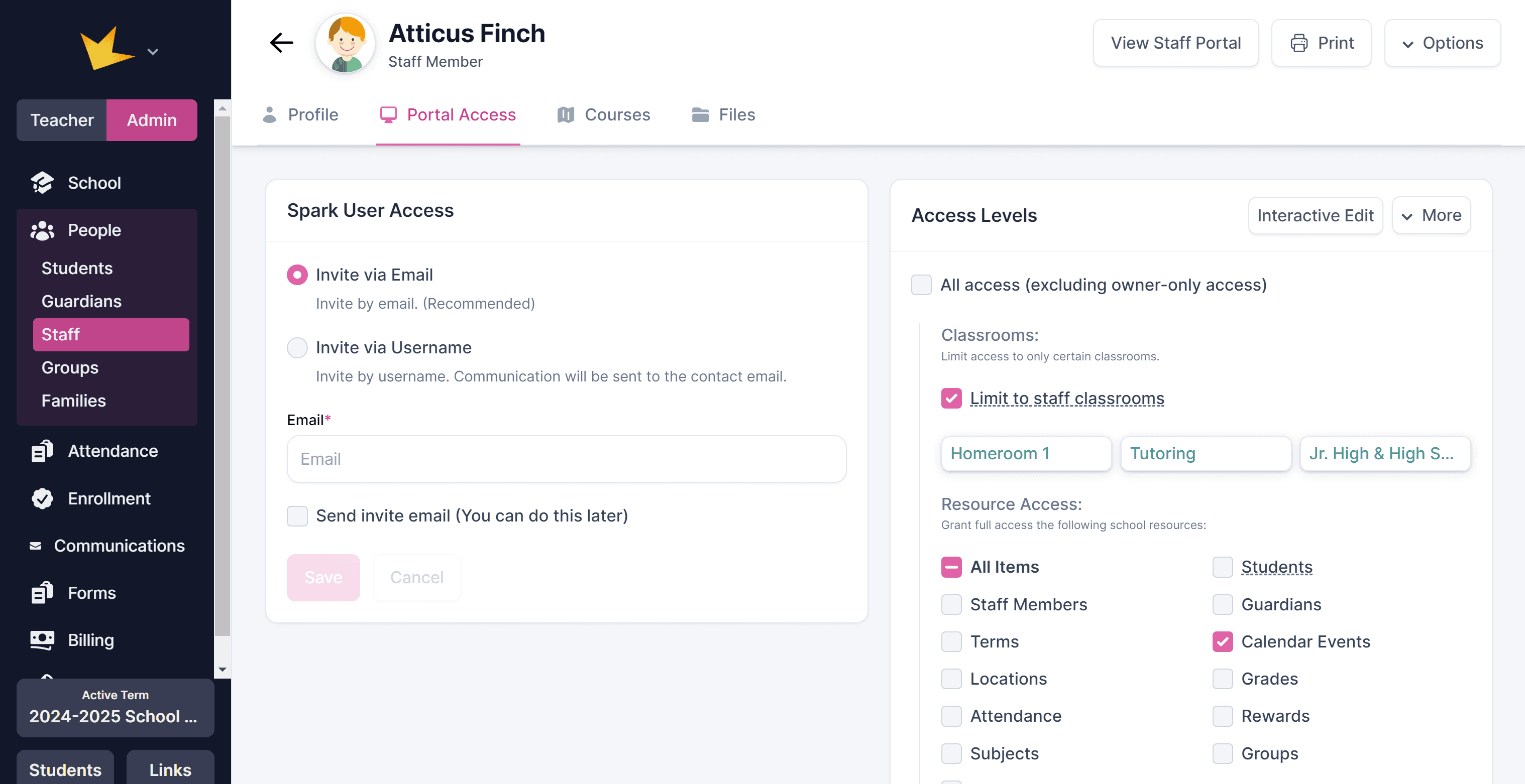 Staff access levels page