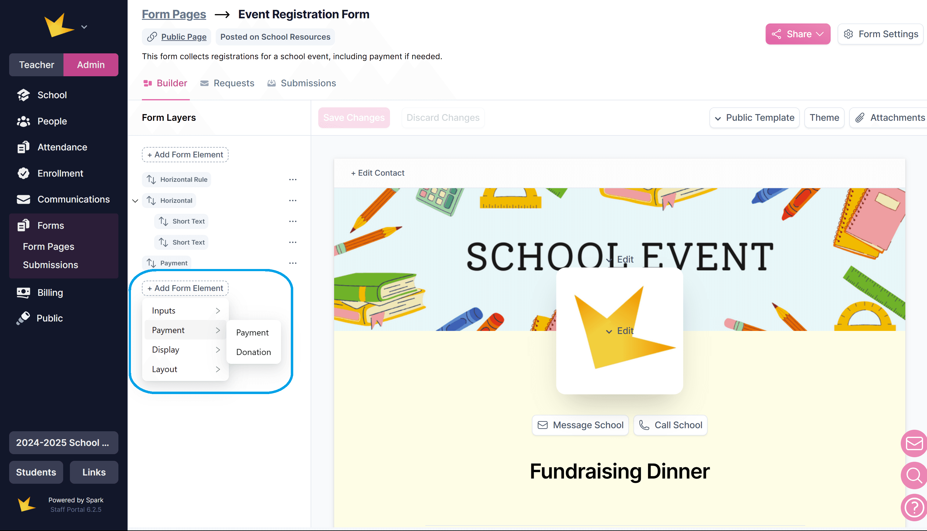 Form payment element selections