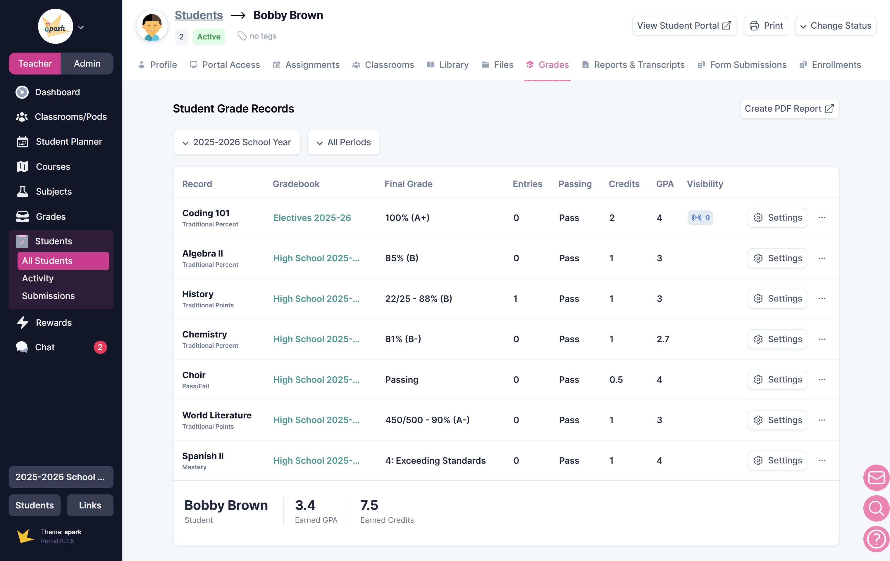 Student grades in the student profile