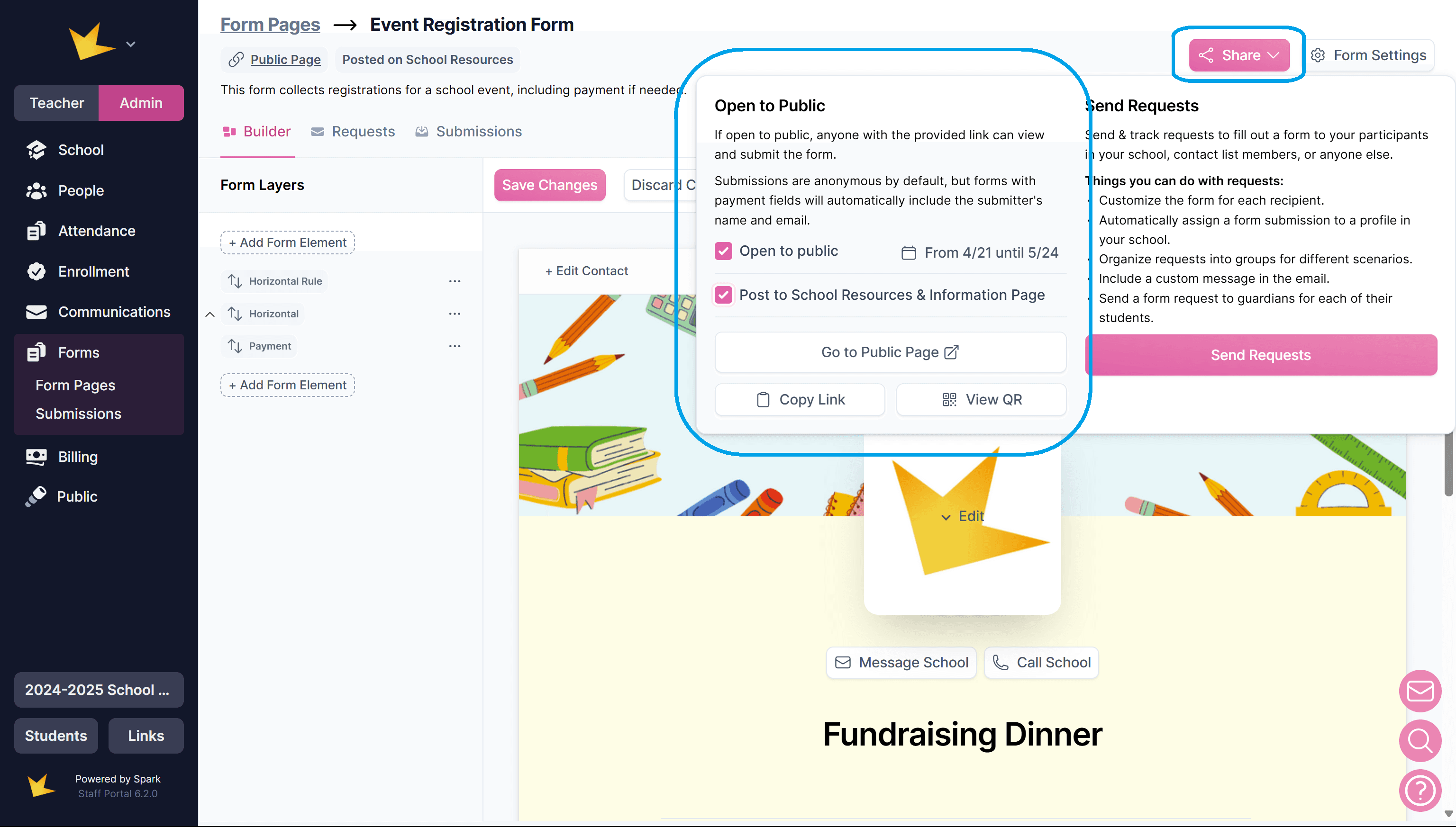 Form Page share publicly modal
