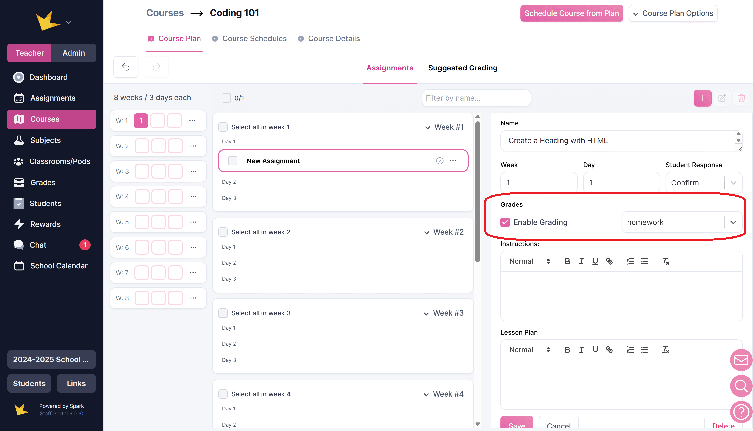 Course assignment enable grading checkbox