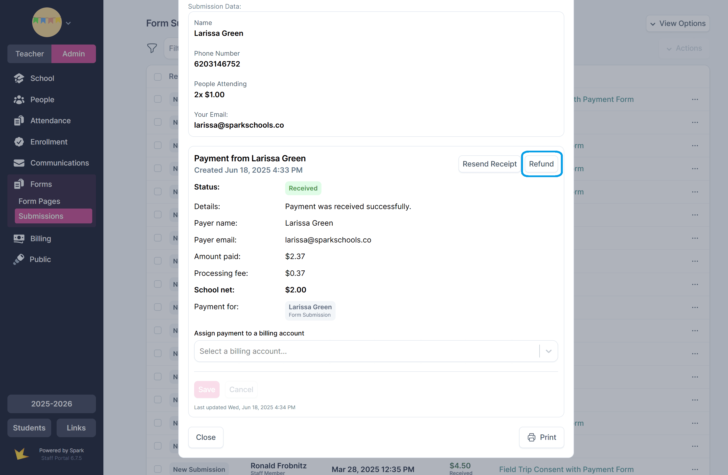 Refund on form submission