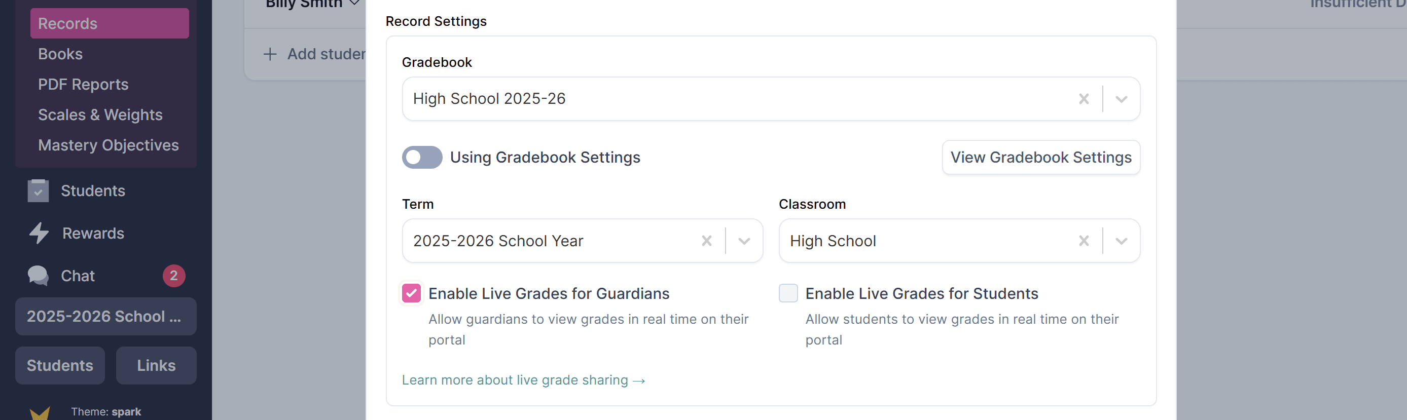 Enabling live grades