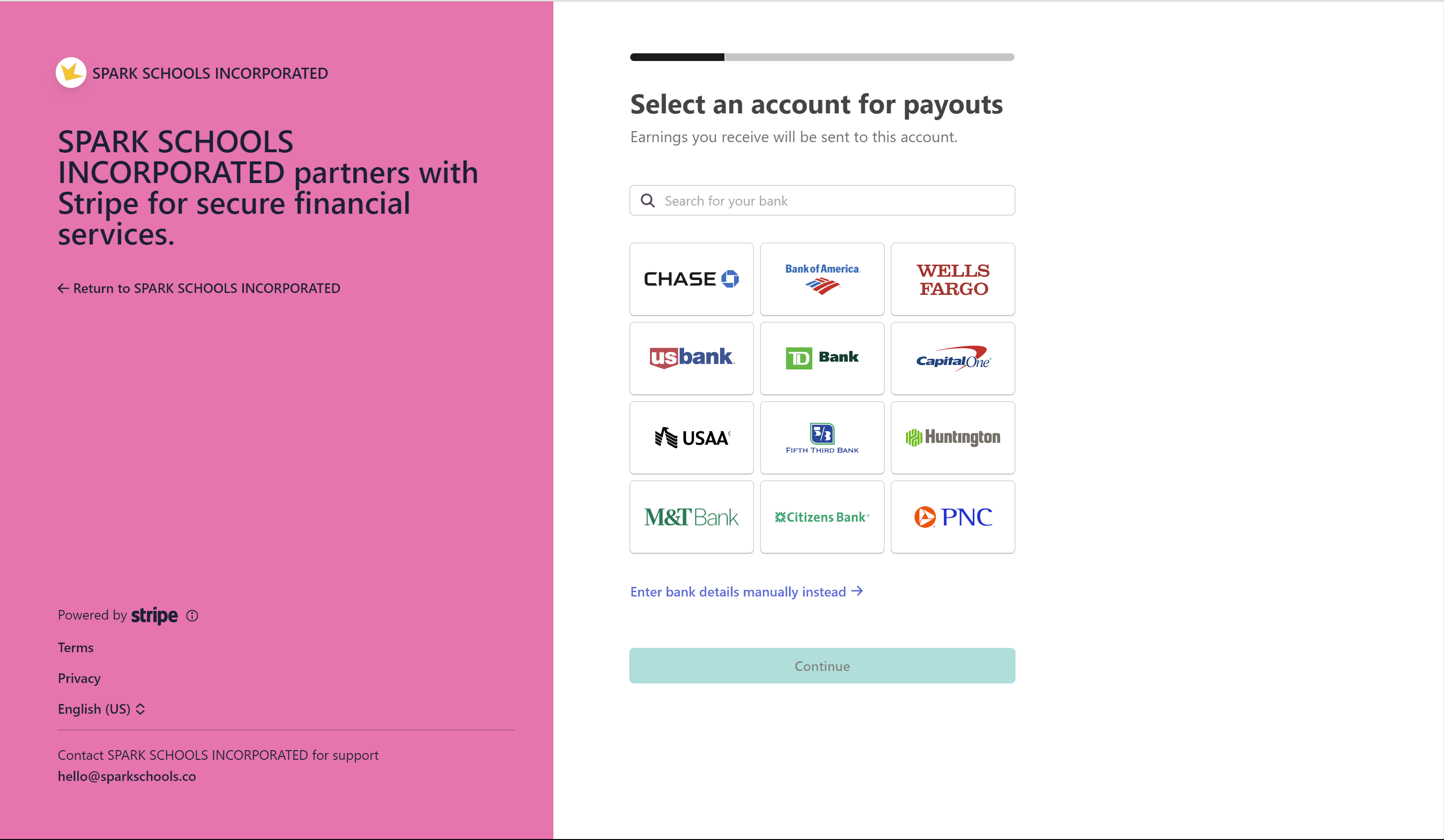Stripe setup financial institution
