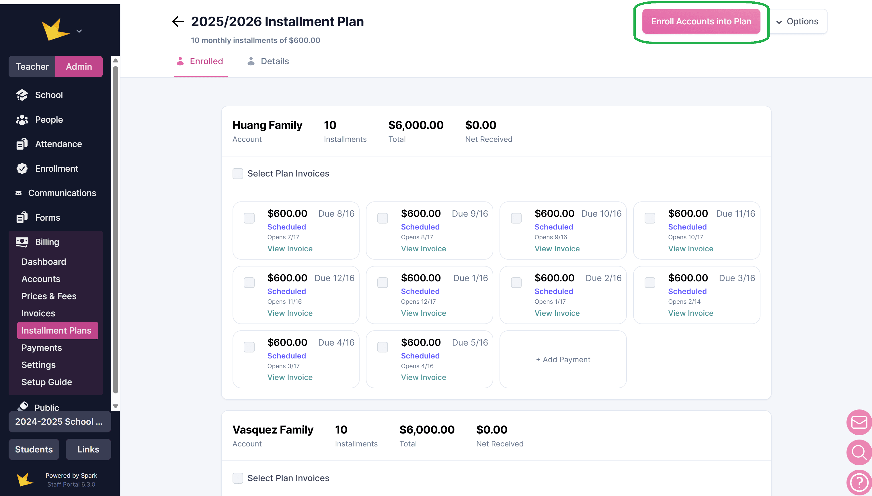 Enrolling new accounts into an installment plan