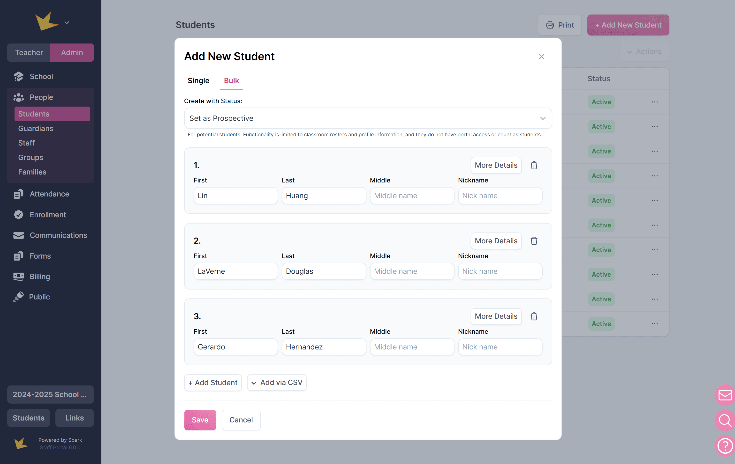 New student bulk modal