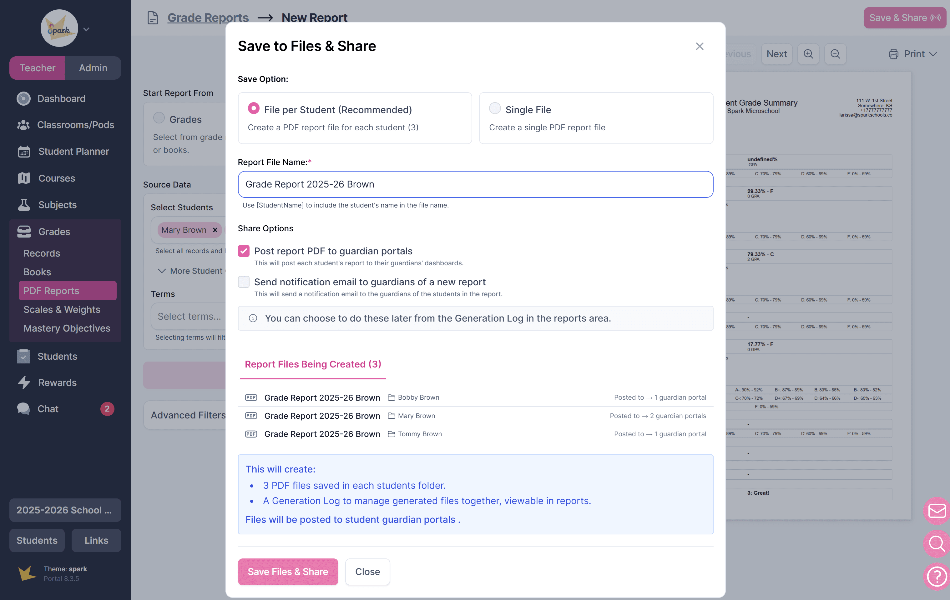 Saving and sharing grade reports