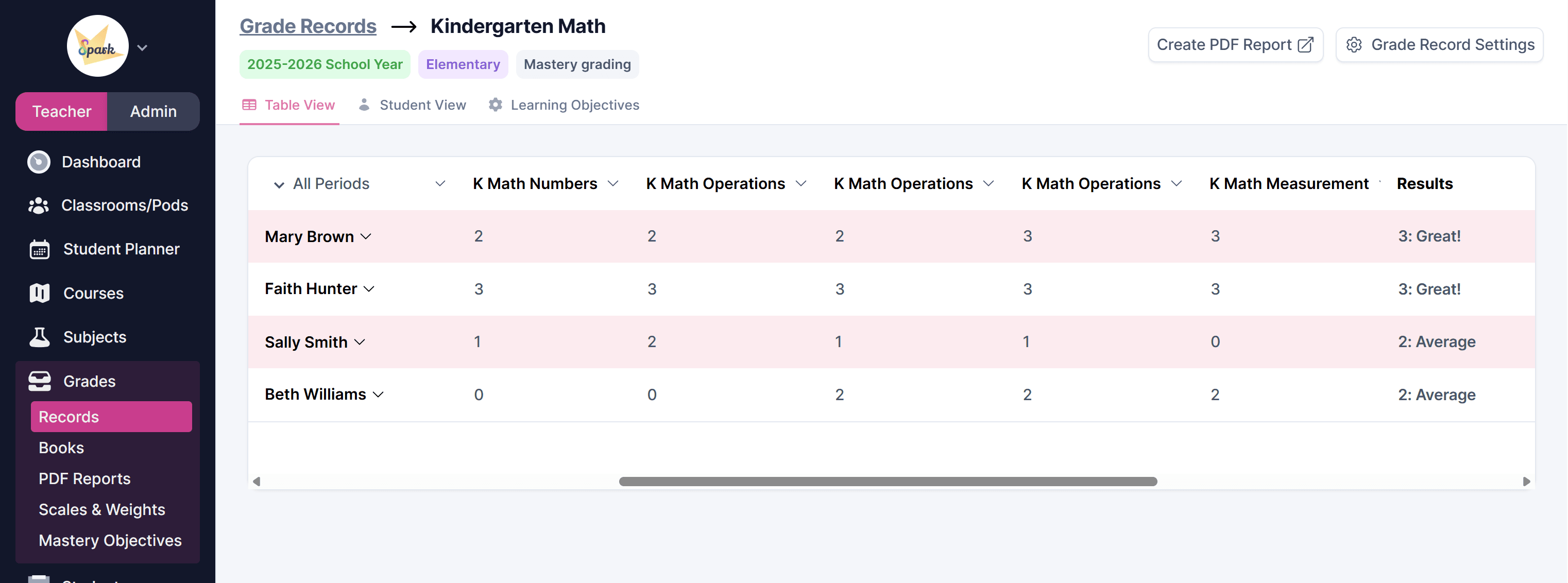 Mastery record table view