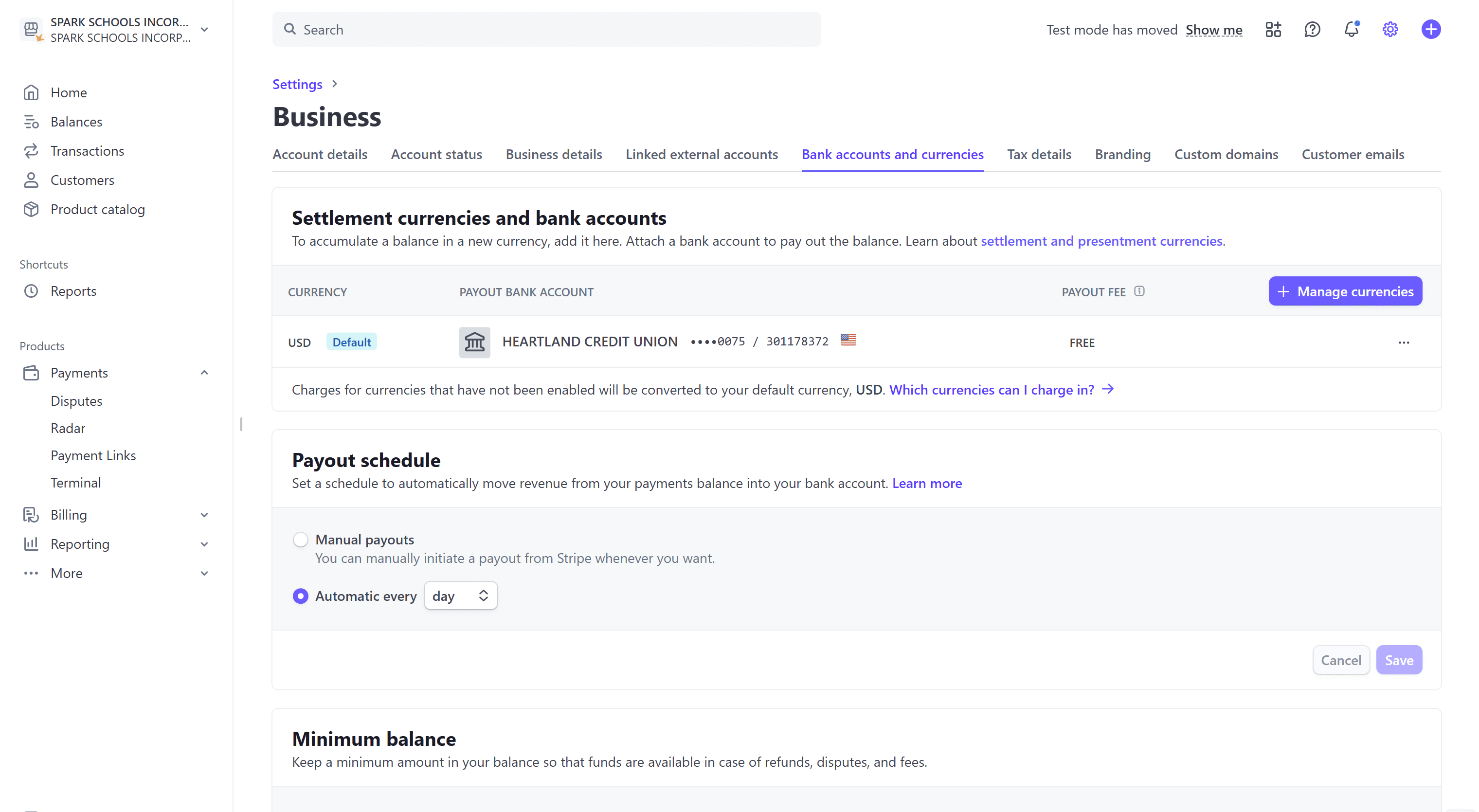 Payout settings in Stripe