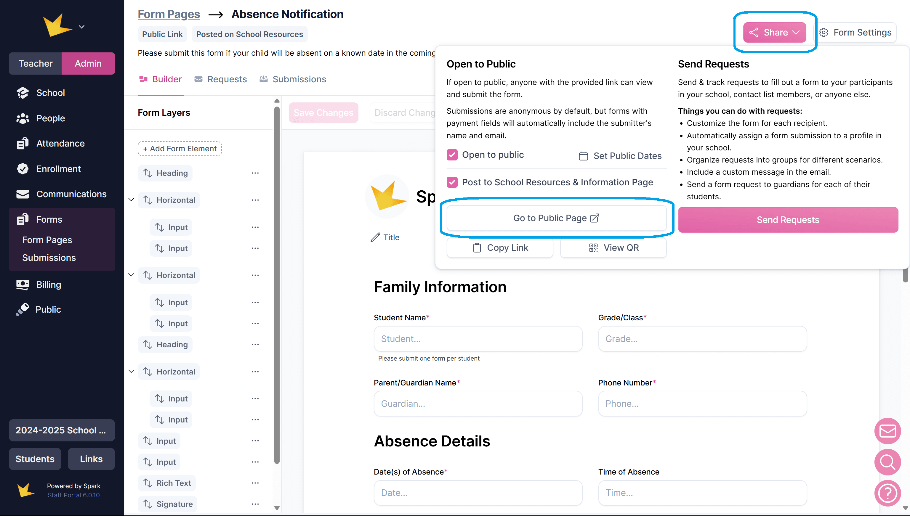 Go to Public Page button in form