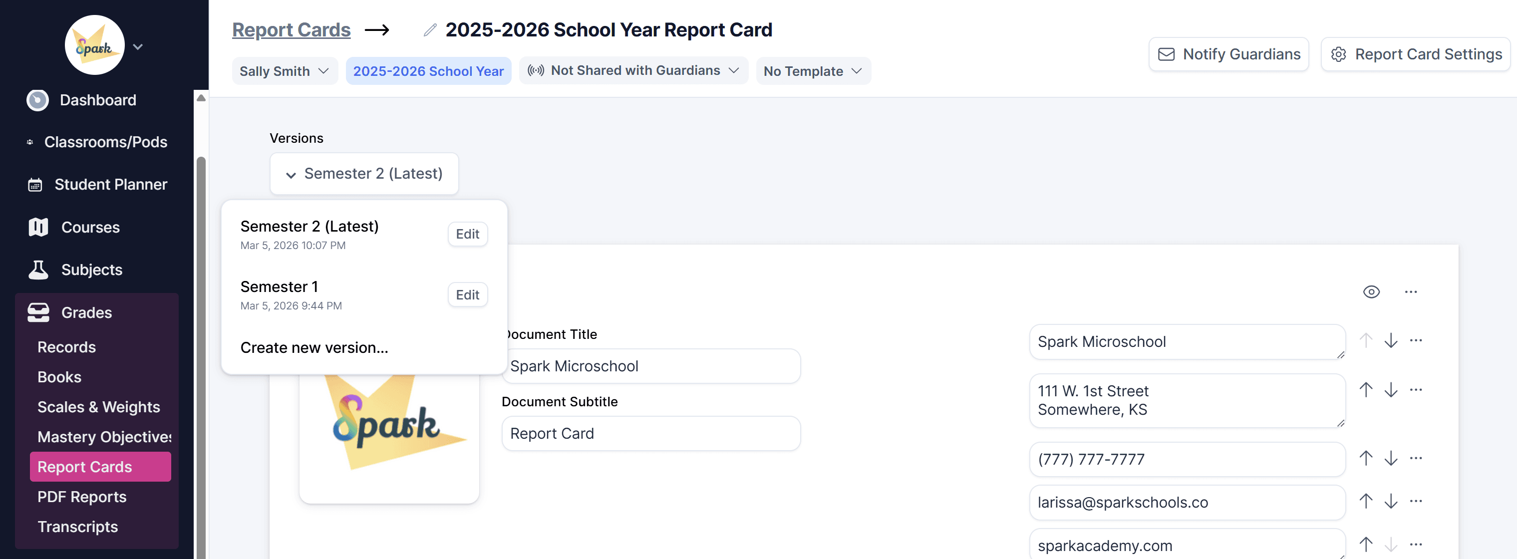 Report card versions