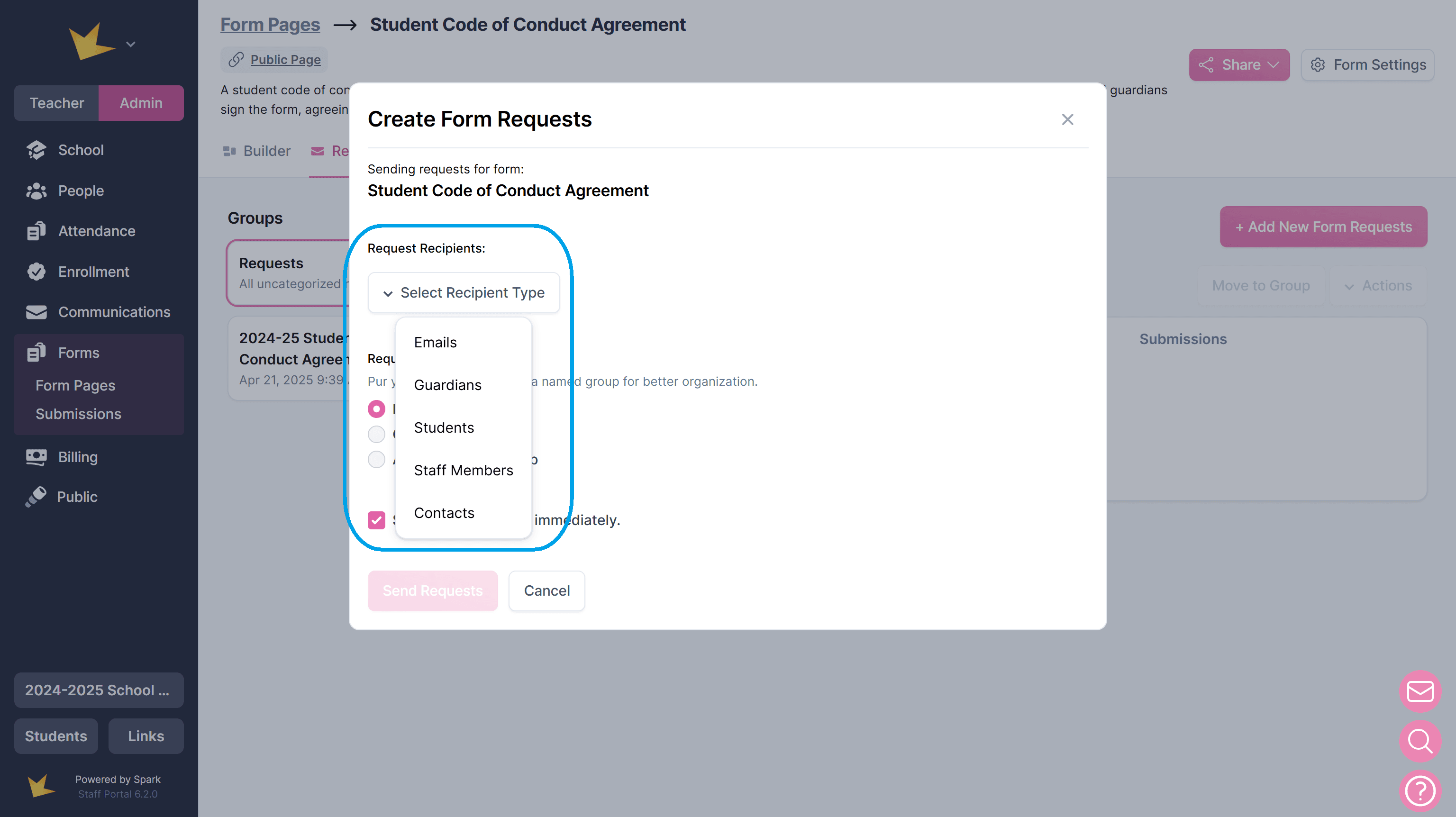 Form request recipient selection