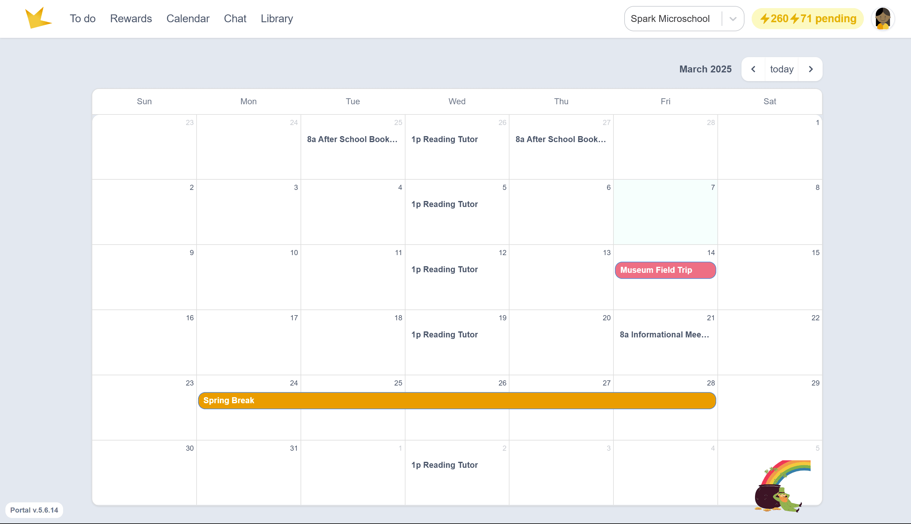 School calendar on student portal
