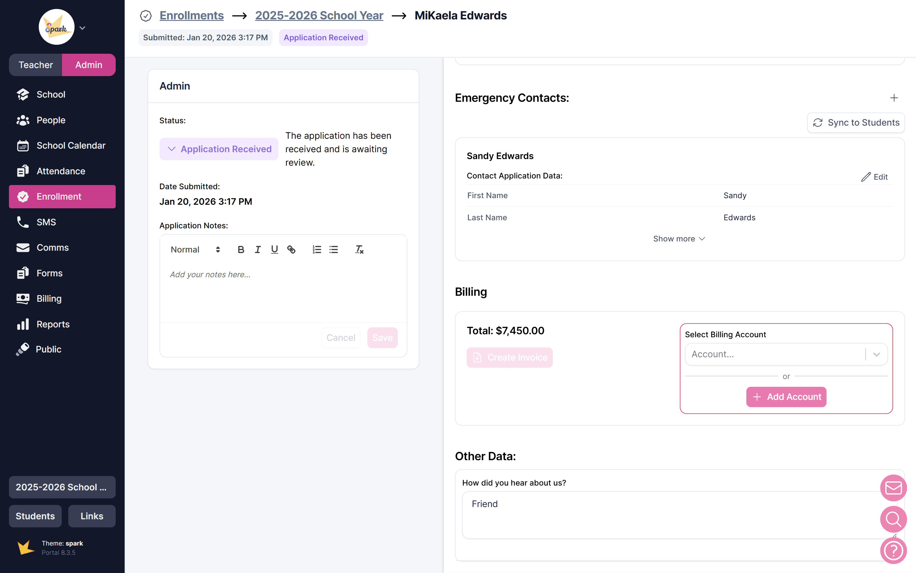 Creating a billing account from an application