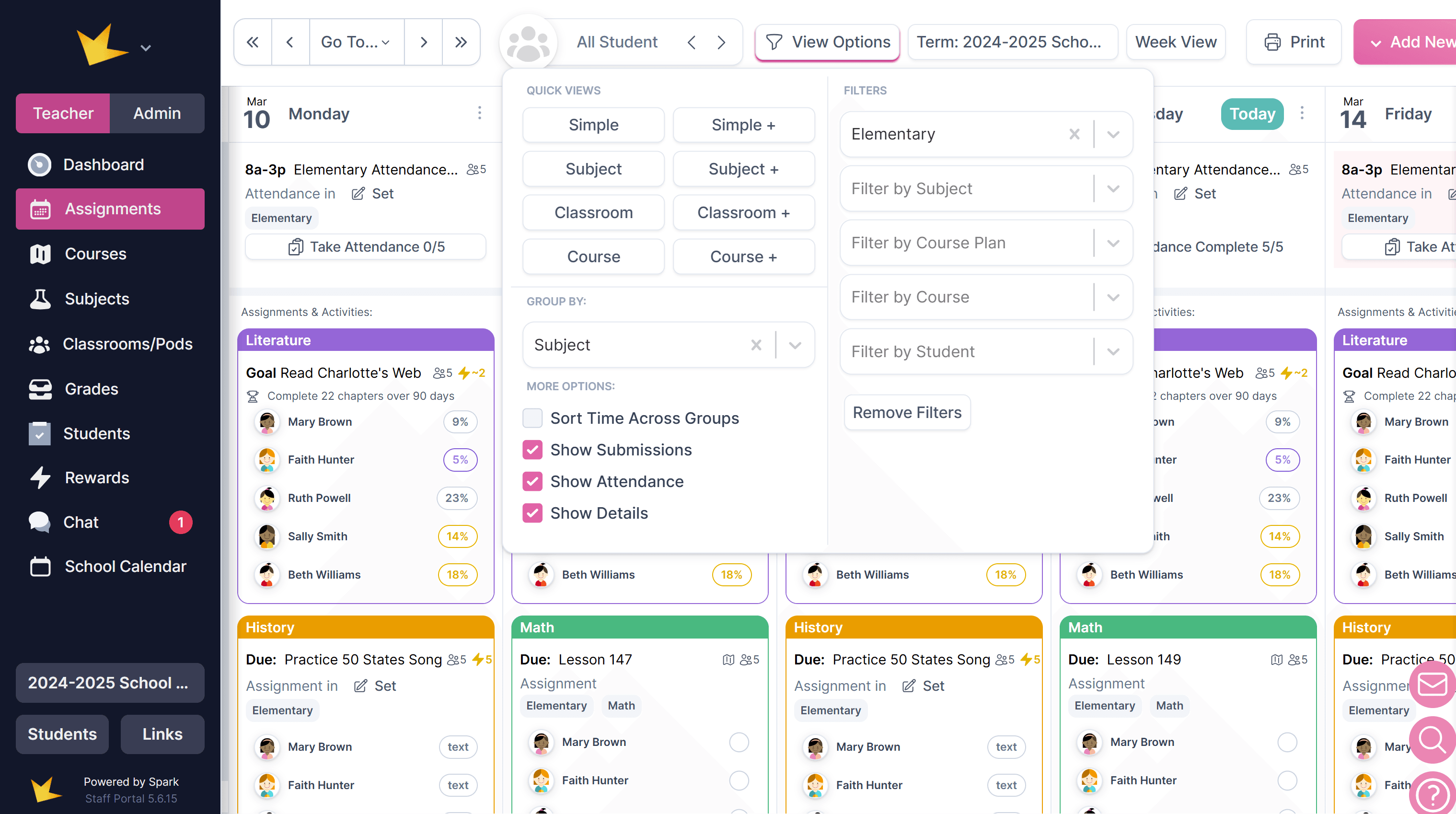 Assignment calendar view options