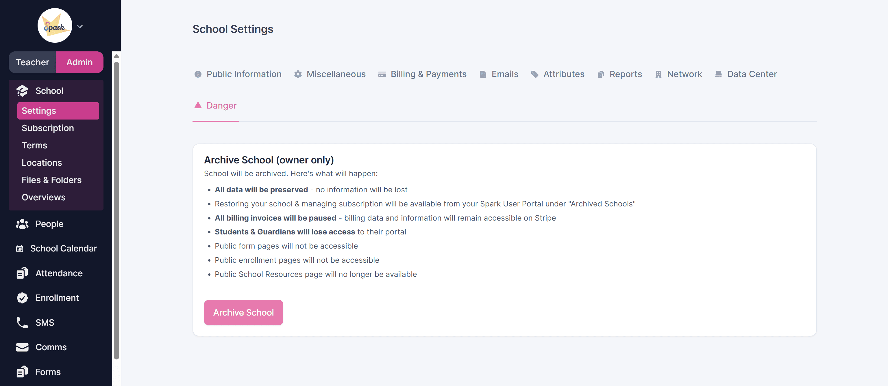 Spark Settings Danger tab