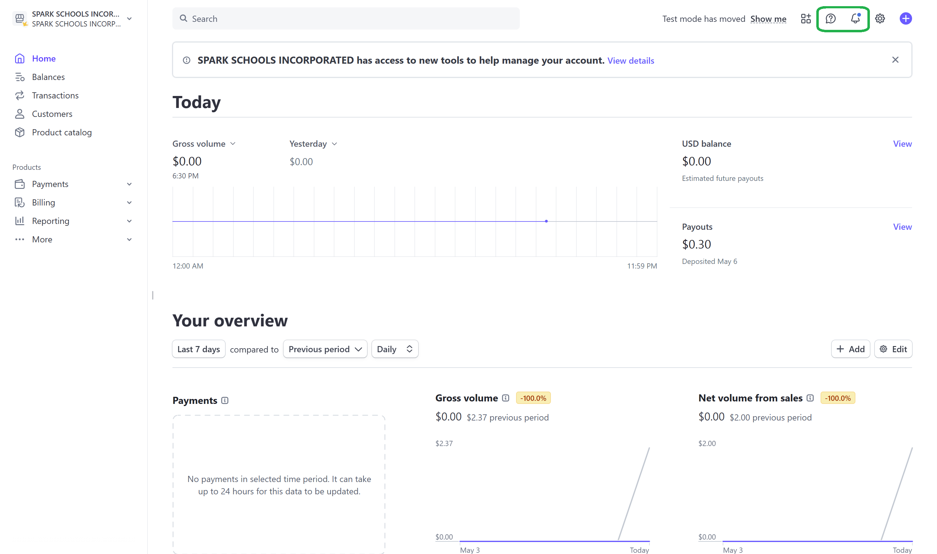 Support and notification buttons in Stripe account