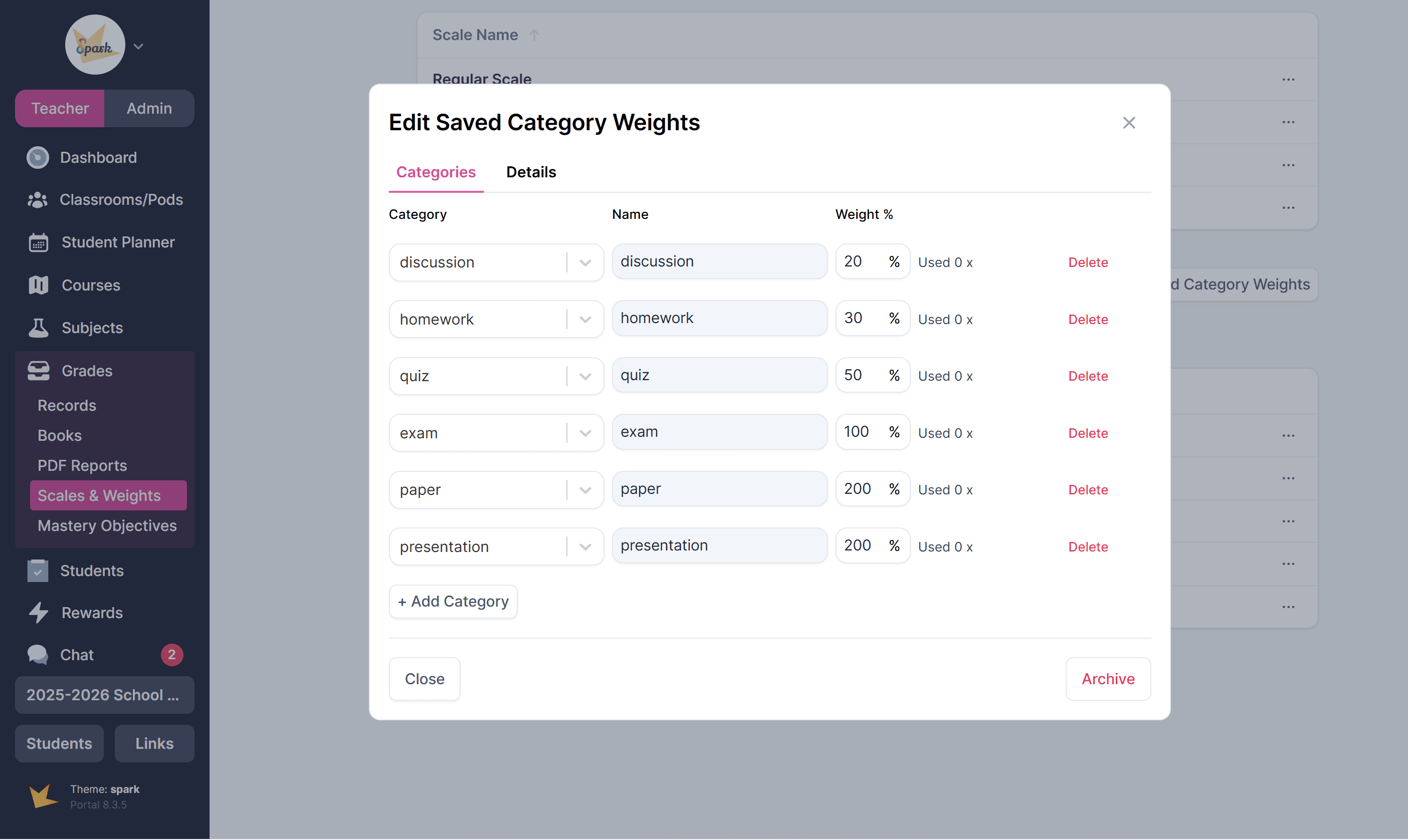 Saved category weights