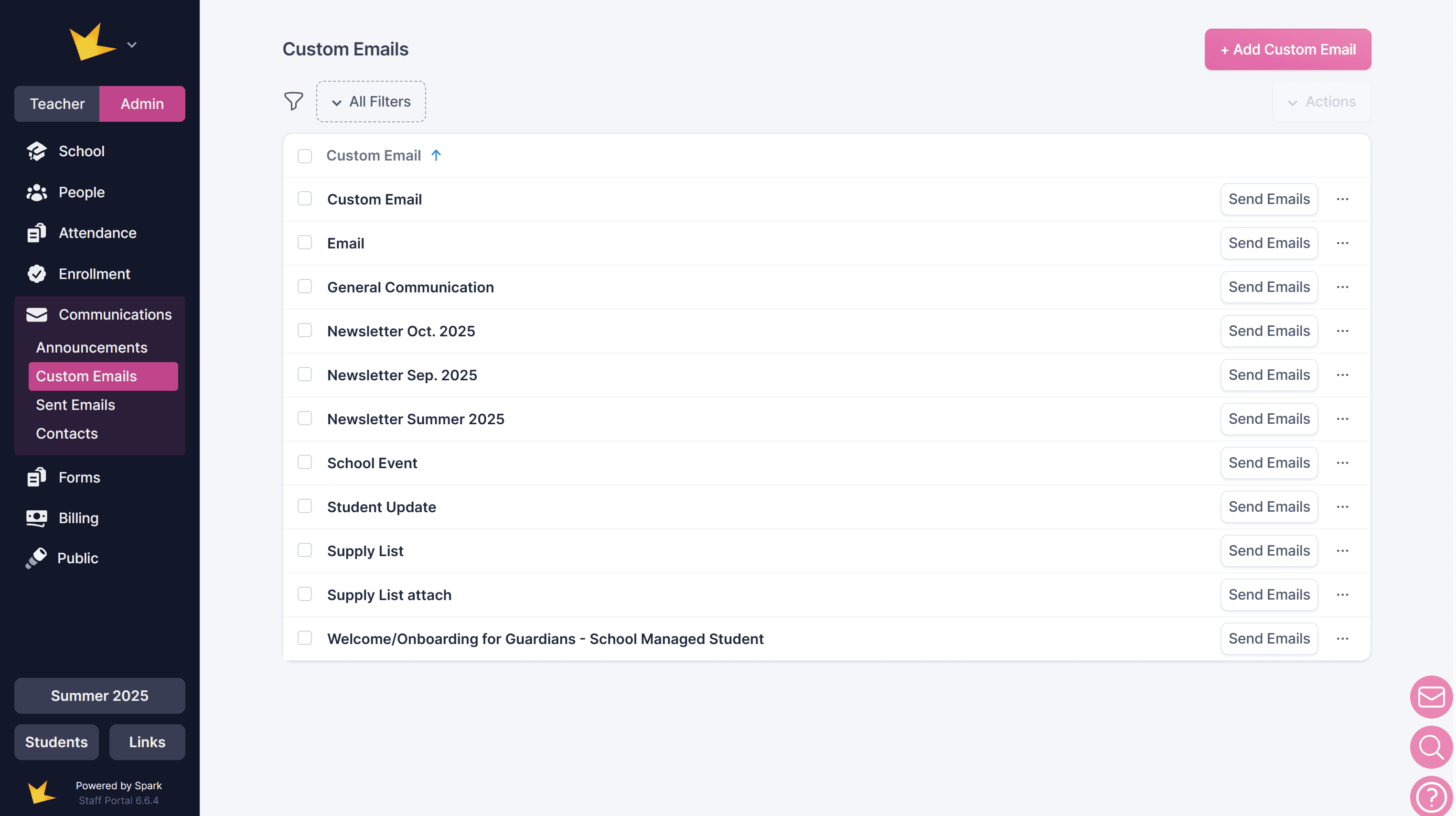 List of custom emails