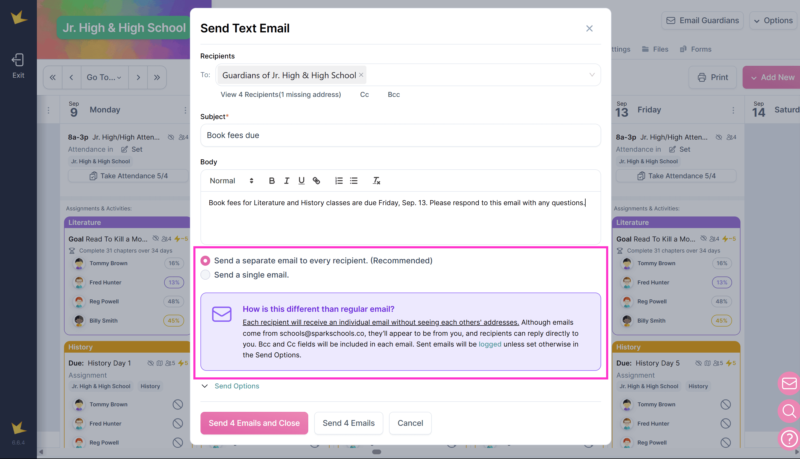 Sending options for Quick Emails