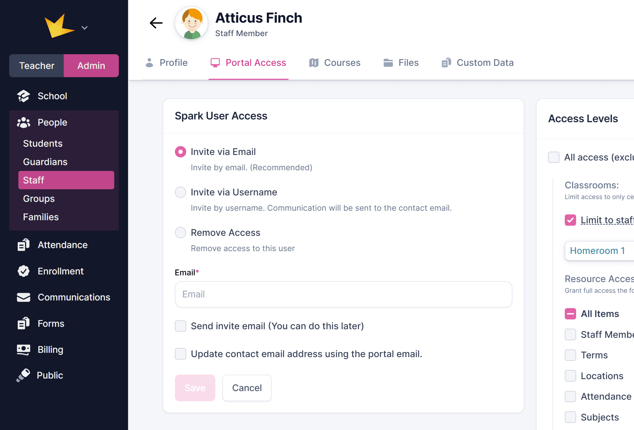 Staff portal access invitation section